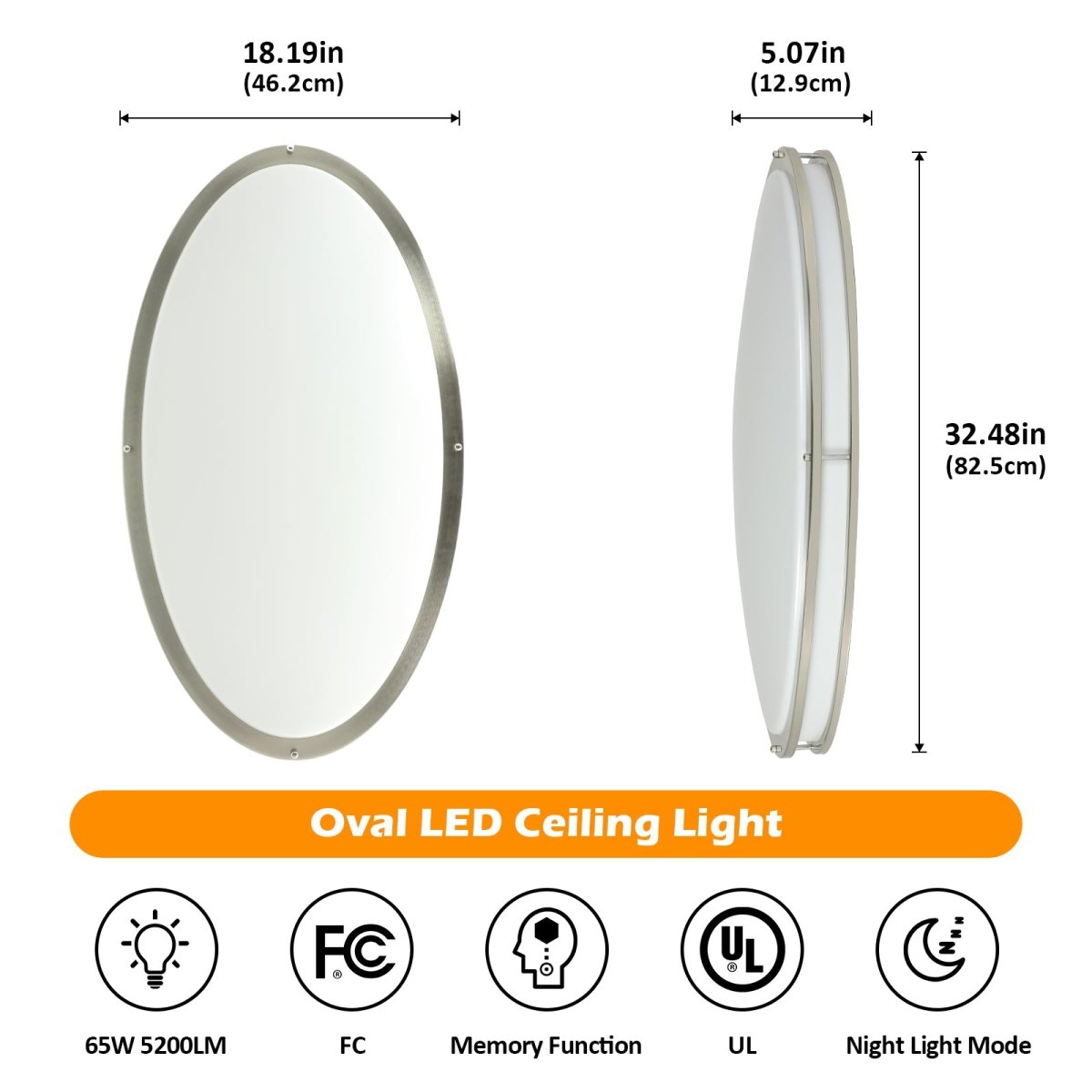 32-Inch Oval LED Ceiling Light Fixture - 65W Dimmable Flush Mount with Remote Control - 3000K/4000K/5000K Adjustable Color Temperature - Brushed Nickel Finish - Perfect for Bedroom, Living Room & Dining Room Lighting