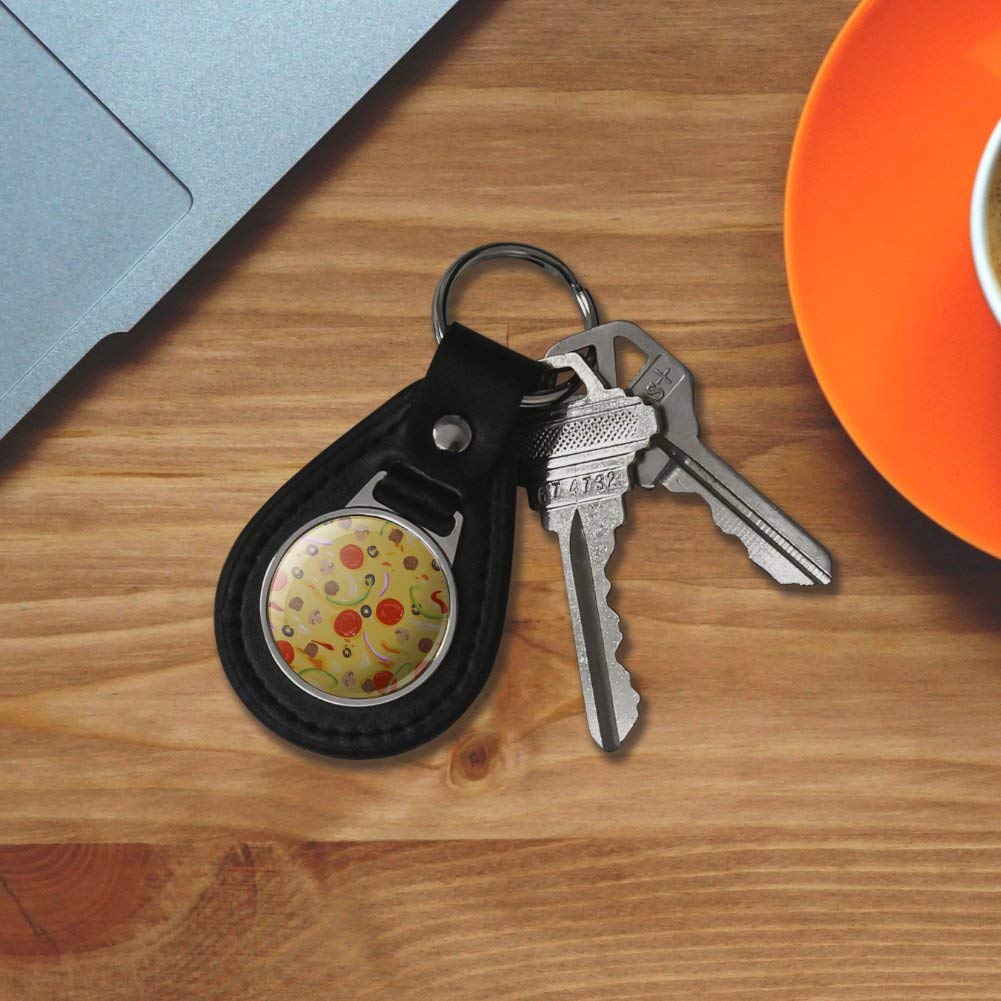 Black Leather Pizza Pattern Keychain with Pepperoni, Olives & Onions - Unique Graphic Design for Pizza Lovers & Food Enthusiasts - Perfect Gift for Pizza Parties, Kitchen Decor & Keychain Collectors