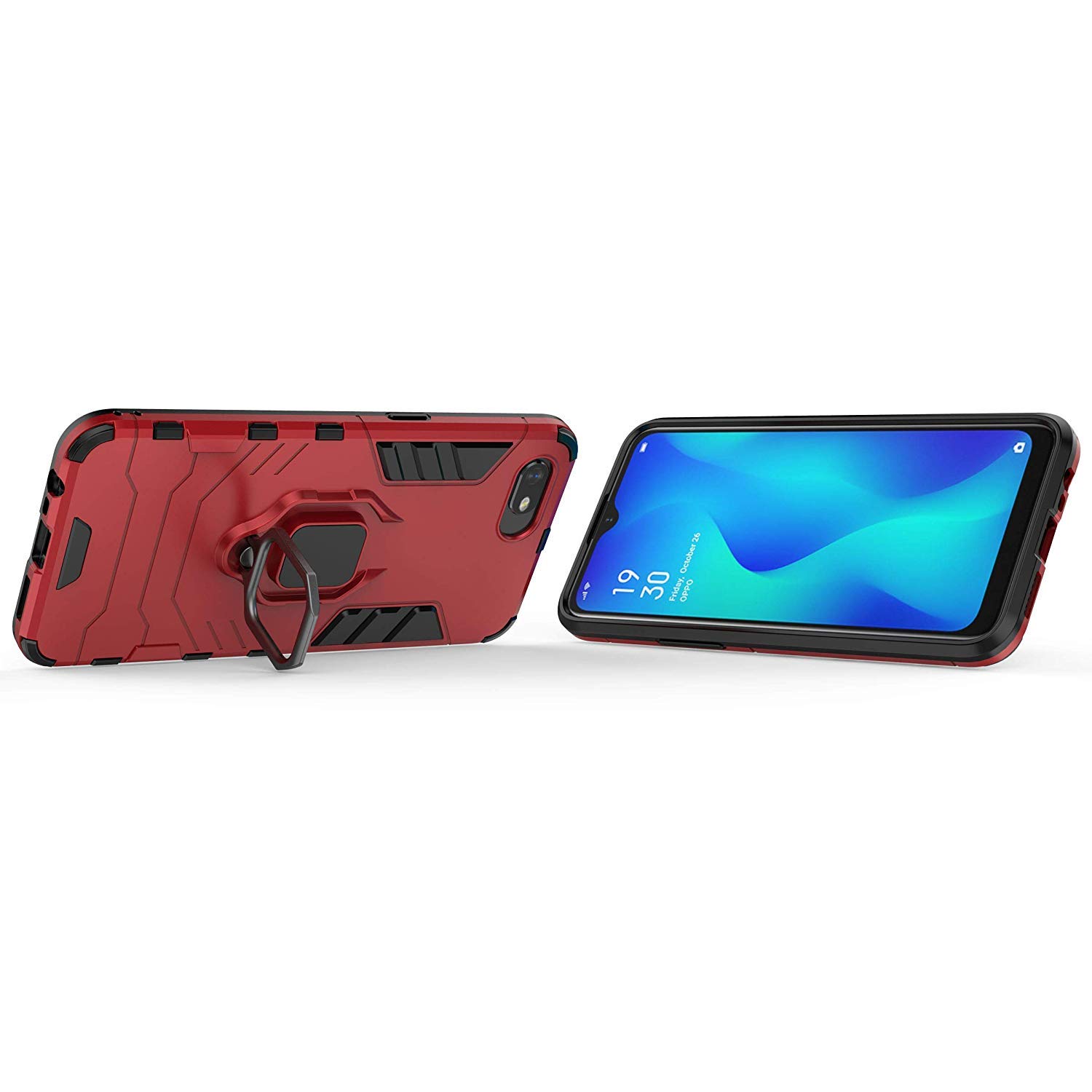 LuluMain Shockproof Hard Bumper Case for Oppo A1K & Realme C2 - Metal Ring Grip with Kickstand | Magnetic Car Mount Compatible | Dual Layer Rugged Cover (Red) - Perfect for Outdoor Activities & Daily Protection