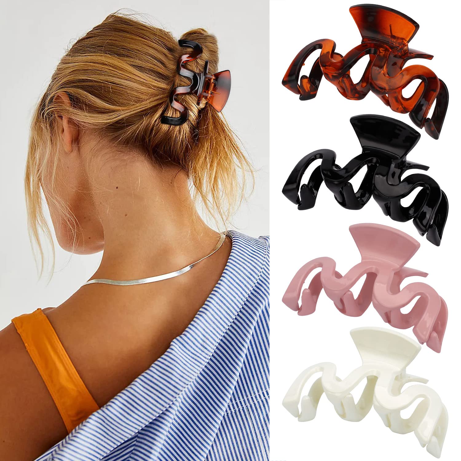 4 Pack Large Hair Claw Clips for Women - Non-Slip Wave Design Hair Clips for Thick & Thin Hair - Perfect for Ponytails, Buns & Updos - Great Gift for Her