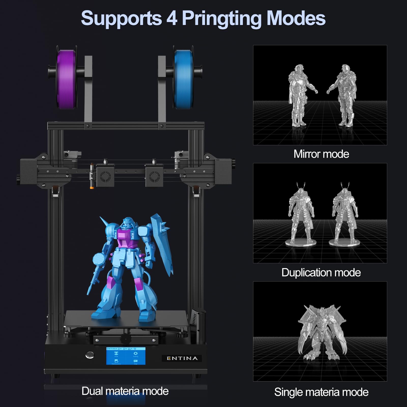 Entina X40 V3 IDEX 3D Printer - Independent Dual Extruder with 295° High Temp Nozzles, 32-bit Silent Motherboard, 4.3