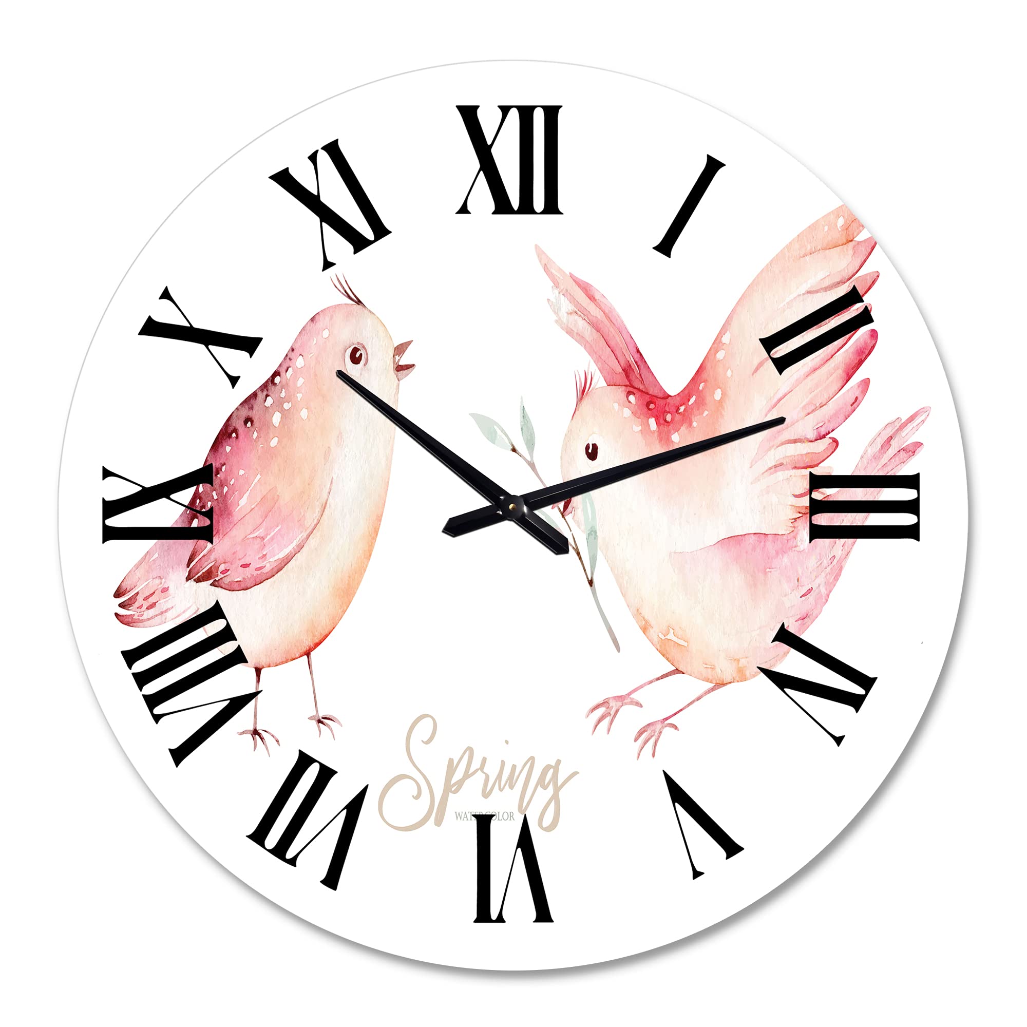 DesignQ Traditional Wall Clock - Spring Bird on Blooming Branch with Green Leaves, Large Decorative Clock for Living Room, Bedroom & Office | Silent Non-Ticking, Perfect for Home & Office Décor