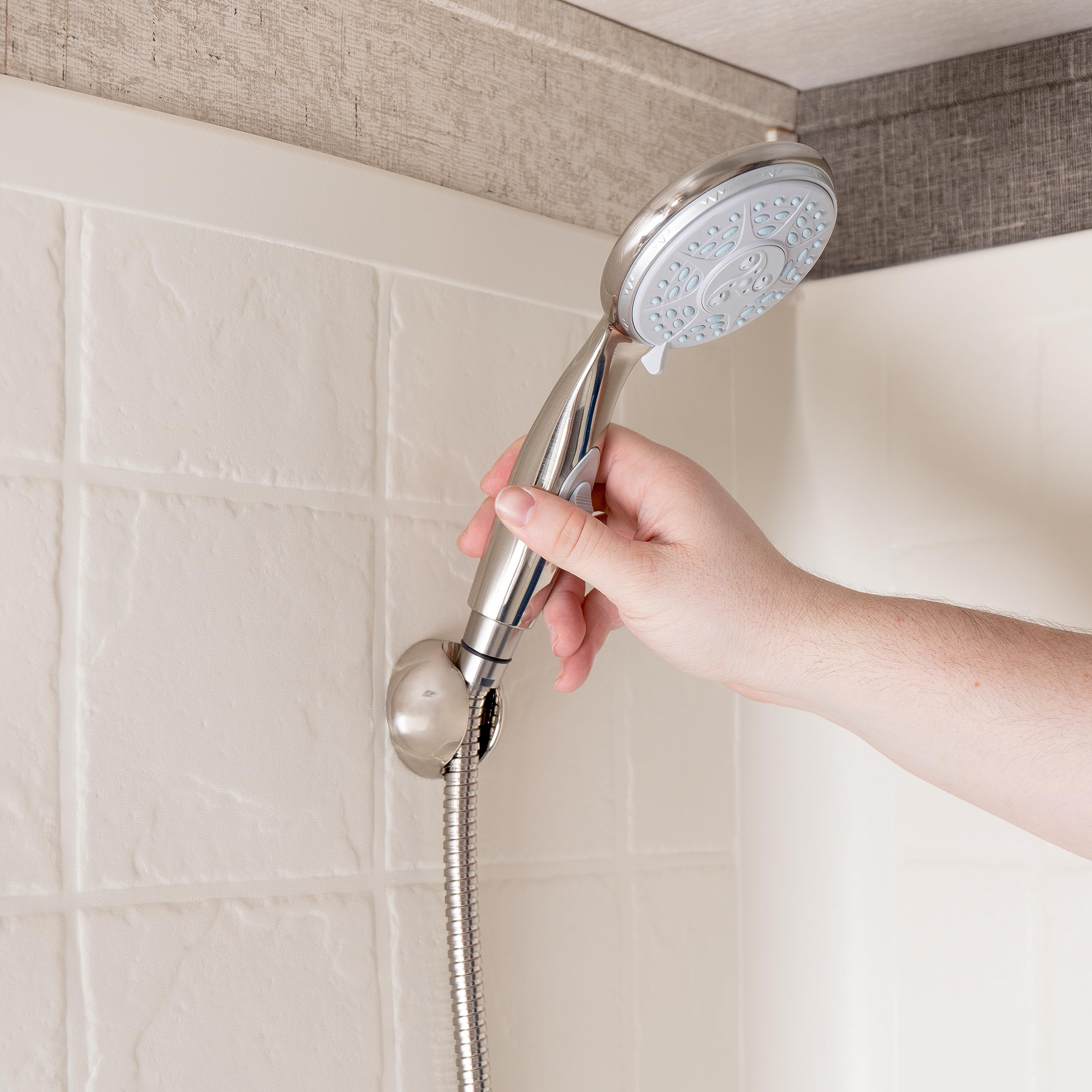 Camco Complete RV/Marine Shower Head Kit with On/Off Switch - 5 Adjustable Spray Patterns, Brushed Nickel Finish (43747) | Water Saving Shower for RV, Boat & Tiny Homes