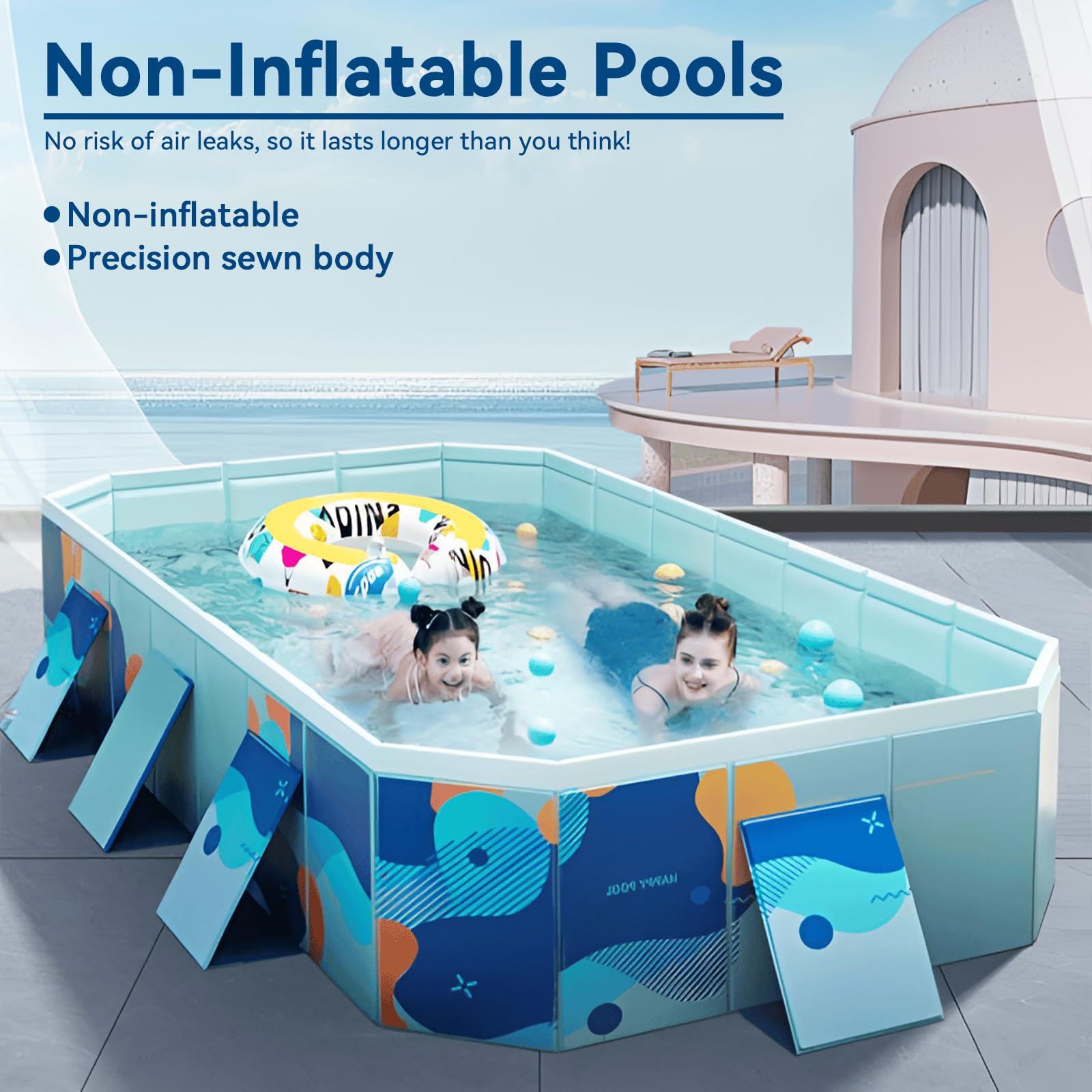Foldable Above Ground Swimming Pool - 3m Rectangular Outdoor Family Pool with Drain Plug & Easy Assembly | Perfect for Backyard, Garden & Summer Fun (Style C)