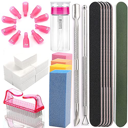 Borogo Professional Cuticle Pusher & Nail Care Kit - 100ml Nail Polish Remover Bottle, 500 Remover Pads, Nail Brush, Cuticle Peeler, 100/180 Grit Nail Files & Buffer Block - Perfect for Home Manicures & Salon Nail Care