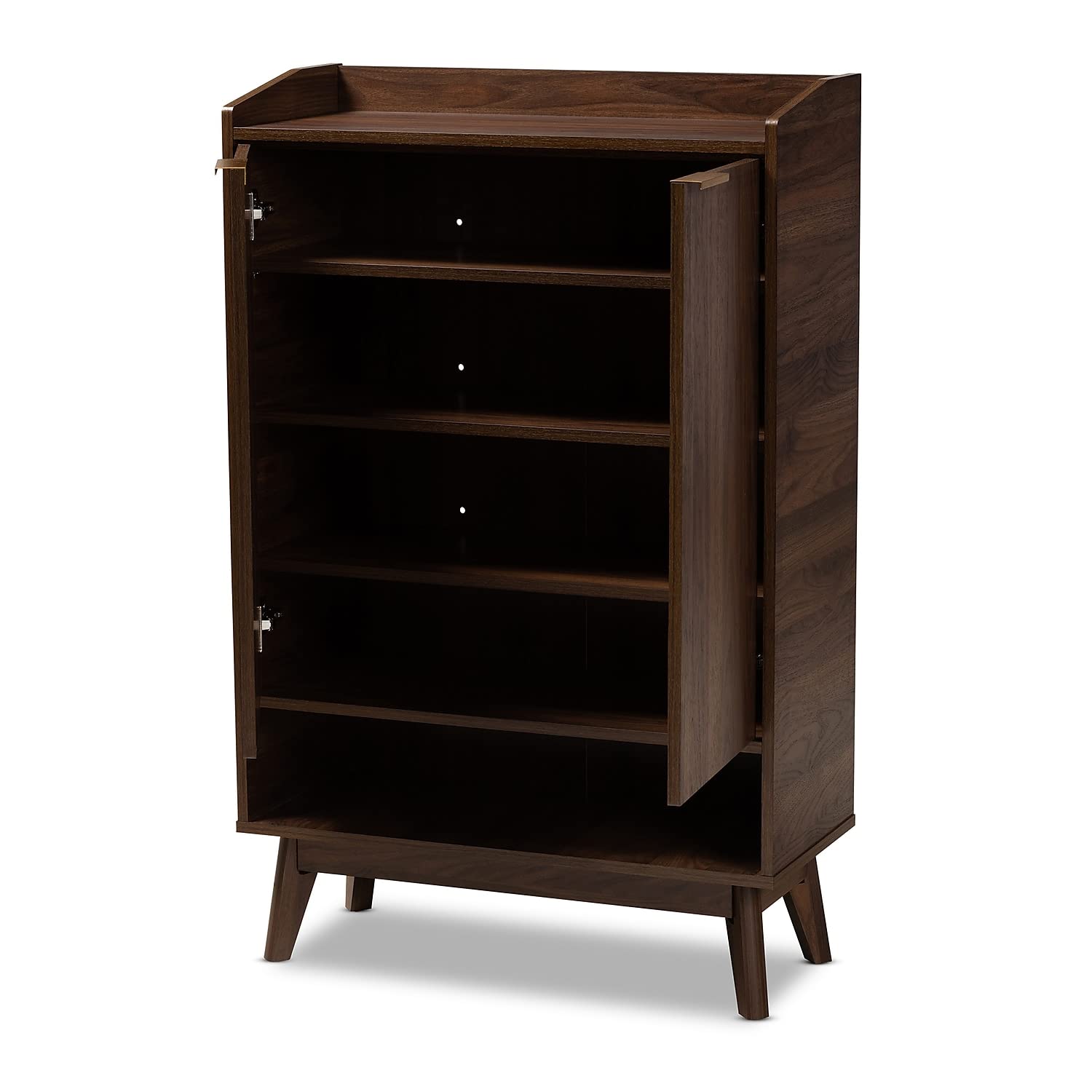 Baxton Studio Lena Mid-Century Modern 5-Shelf Shoe Cabinet - Solid Wood Entryway Storage with Walnut Brown Finish | Perfect for Small Spaces, Hallway Organization & Shoe Storage Solutions