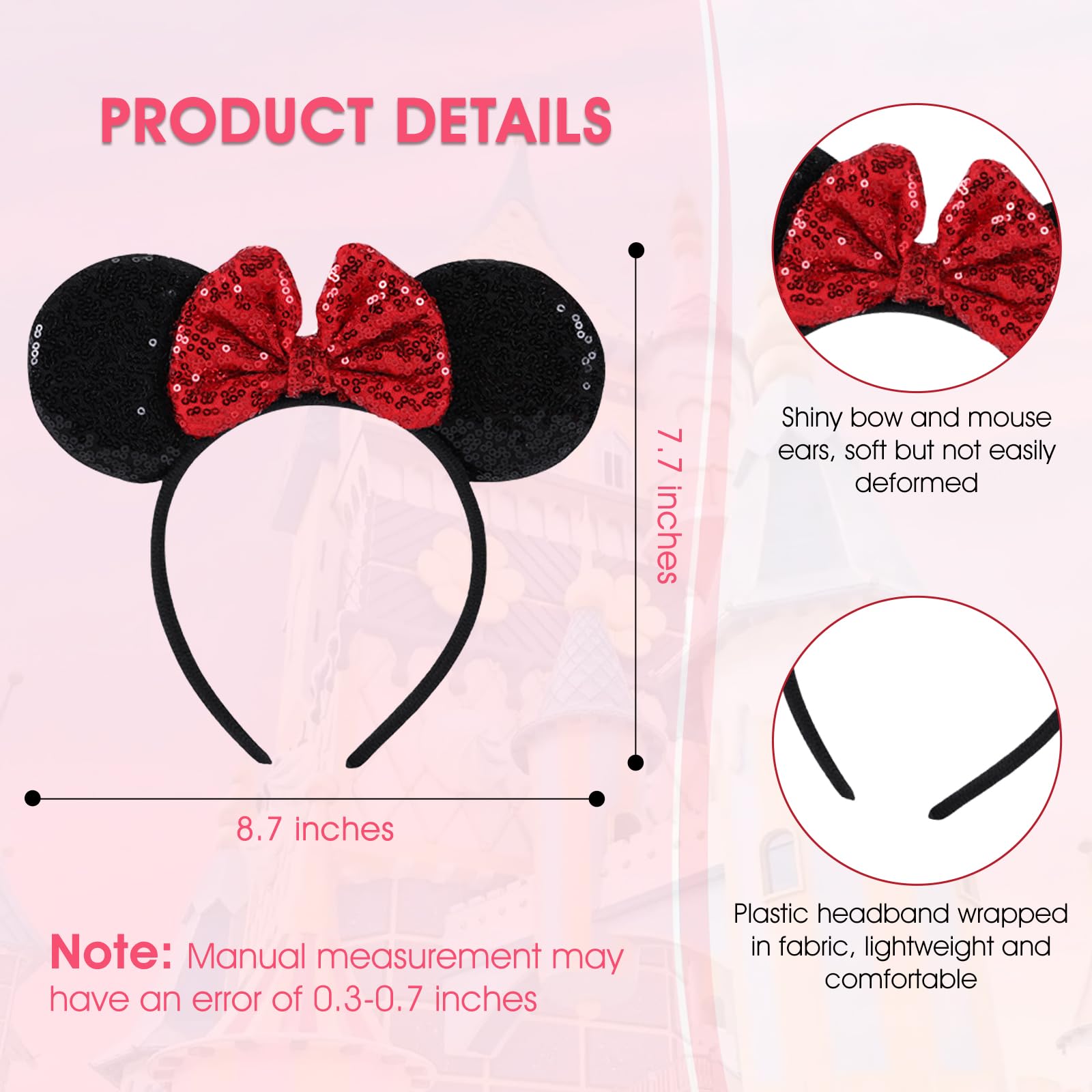 2PCS Sparkling Sequin Mouse Ears Headband with Matching Scrunchie - Women's Disney Inspired Hair Accessories for Birthday Parties, Theme Parks & Cosplay (Red)