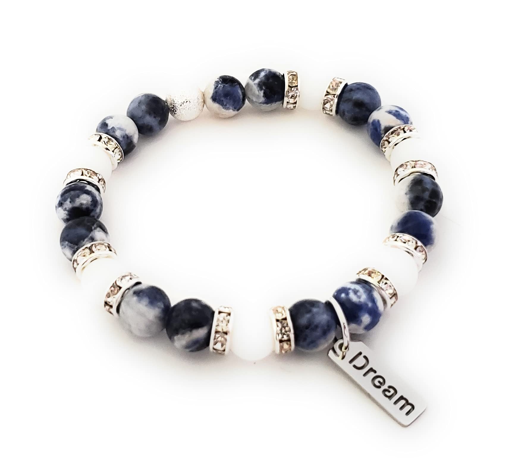 Blue Sodalite & White Jade Beaded Bracelet - Natural Healing Stone for Stress Relief, Anxiety & Positive Energy - Meditation, Yoga & Spiritual Jewelry Gift