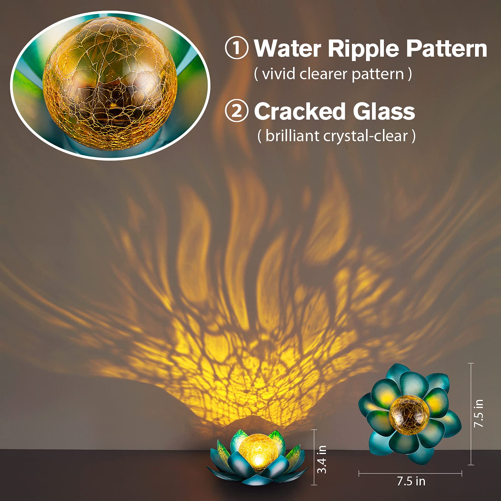 2 Pack Solar Powered Blue Crackle Glass Lotus Flower Lights with Gnome Fairy House Statues - LED Outdoor Garden Decor for Patio, Pathway & Backyard Lighting