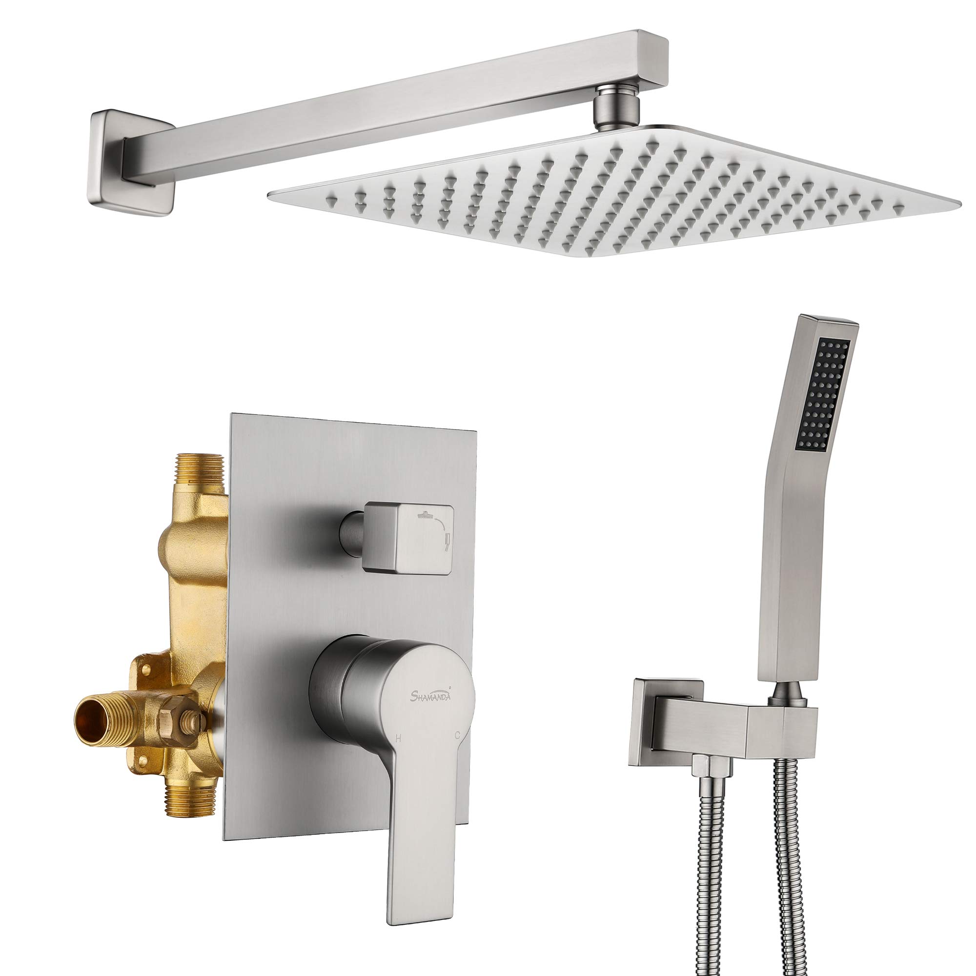 SHAMANDA 10-Inch Rainfall Shower System - Brushed Nickel Wall Mount Shower Head with Handheld Spray Combo Set (Includes Rough-In Valve Body & Trim) - Luxury Spa Shower for Relaxation, Perfect for Master Bathroom, Guest Bath & Modern Home Renovation