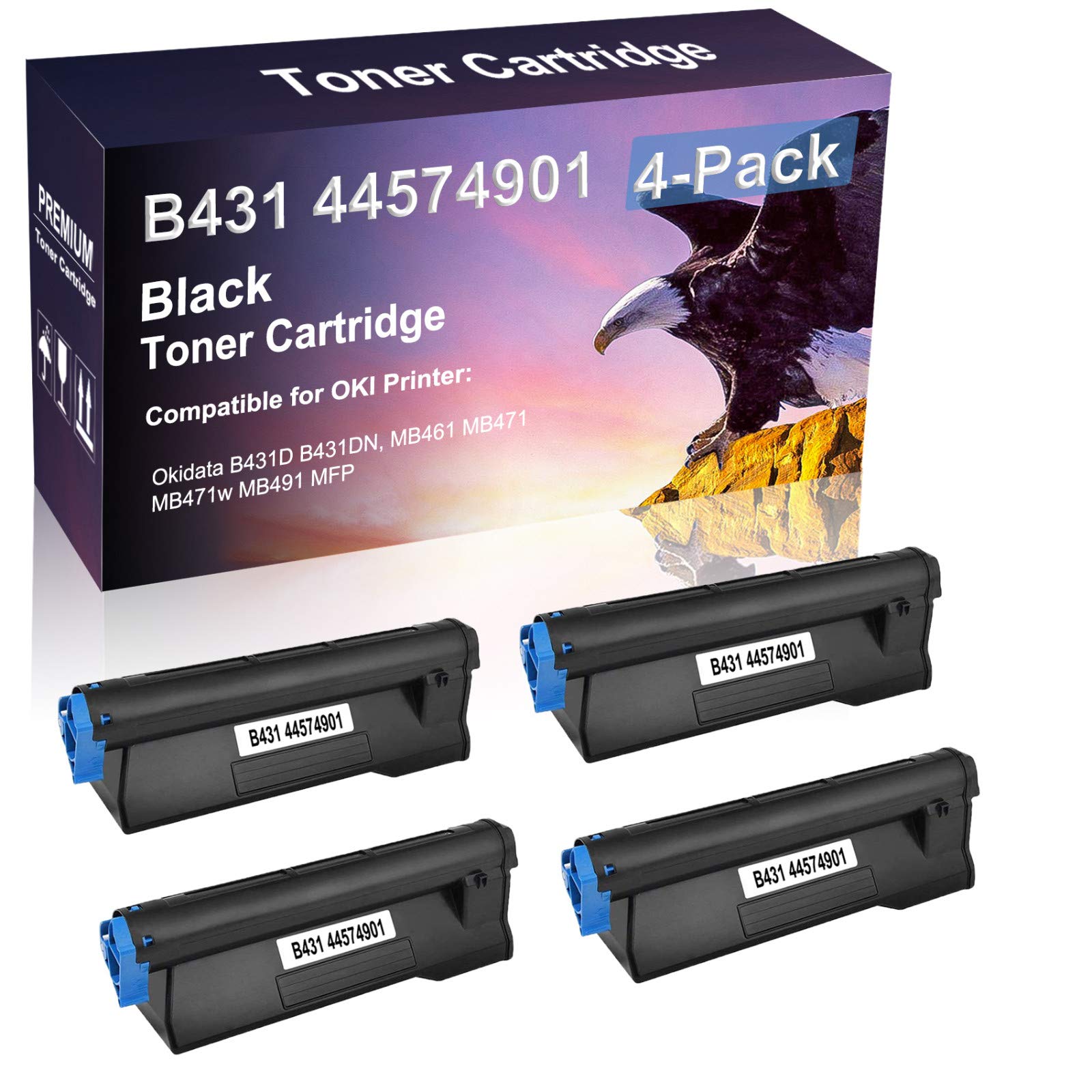 4 Pack Black High-Yield OKI B431 B431D B431DN MB461 MB471 MB471W MB491 Compatible Toner Cartridges - Replacement for OKIDATA 44574901 | Ideal for Office Printing, High Volume Documents & Professional Use