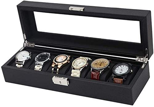 Premium Leather Watch Display Case with Glass Top - 6 Watch Organizer Box for Men & Women - 35×11.5×8cm Black Watch Storage Box - Perfect Gift for Family, Collectors & Watch Enthusiasts - Ideal for Home, Office & Travel Use