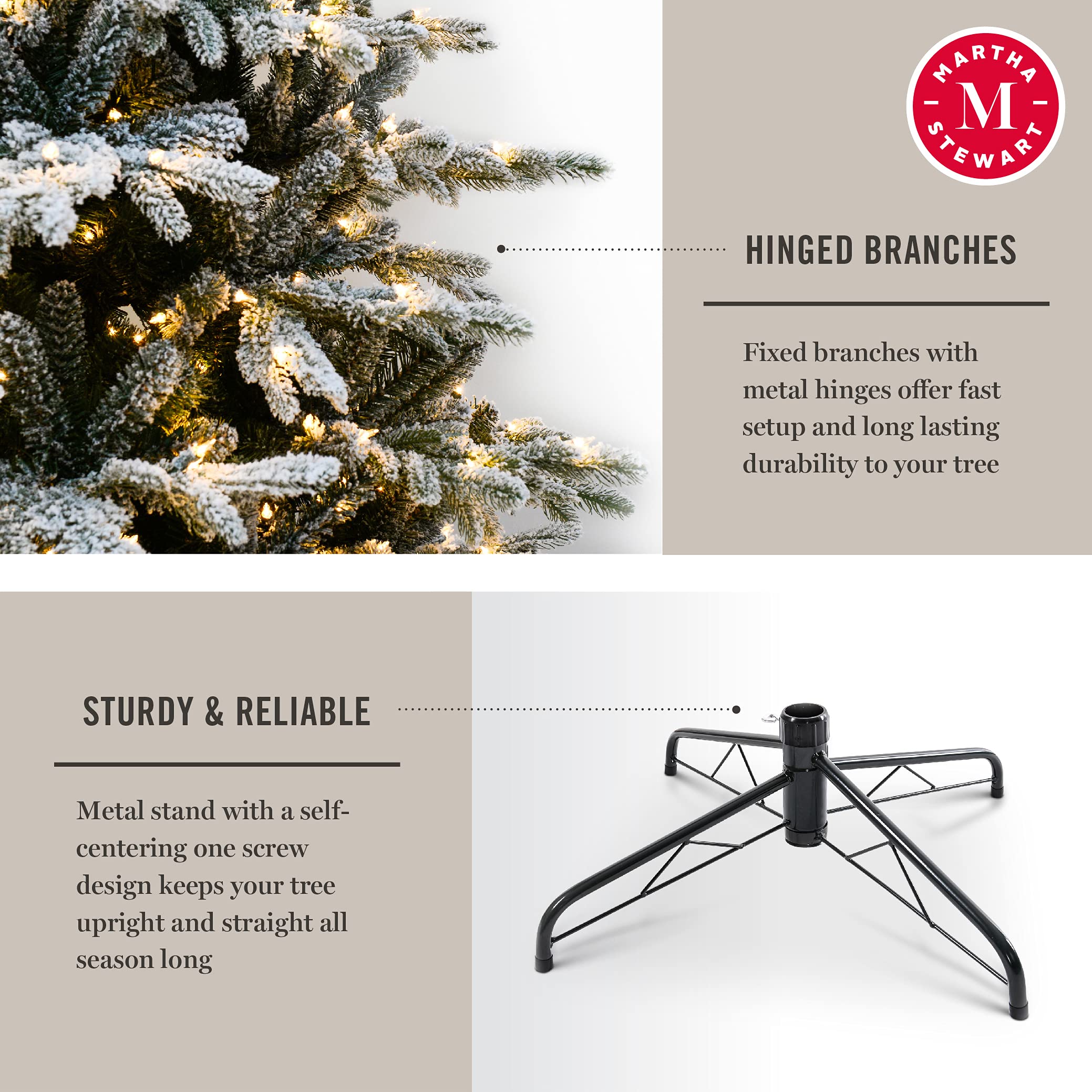 Martha Stewart 6.5ft Flocked Natural Pine Pre-Lit Artificial Christmas Tree with Clear White Lights - Perfect for Holiday Home Decor & Festive Celebrations