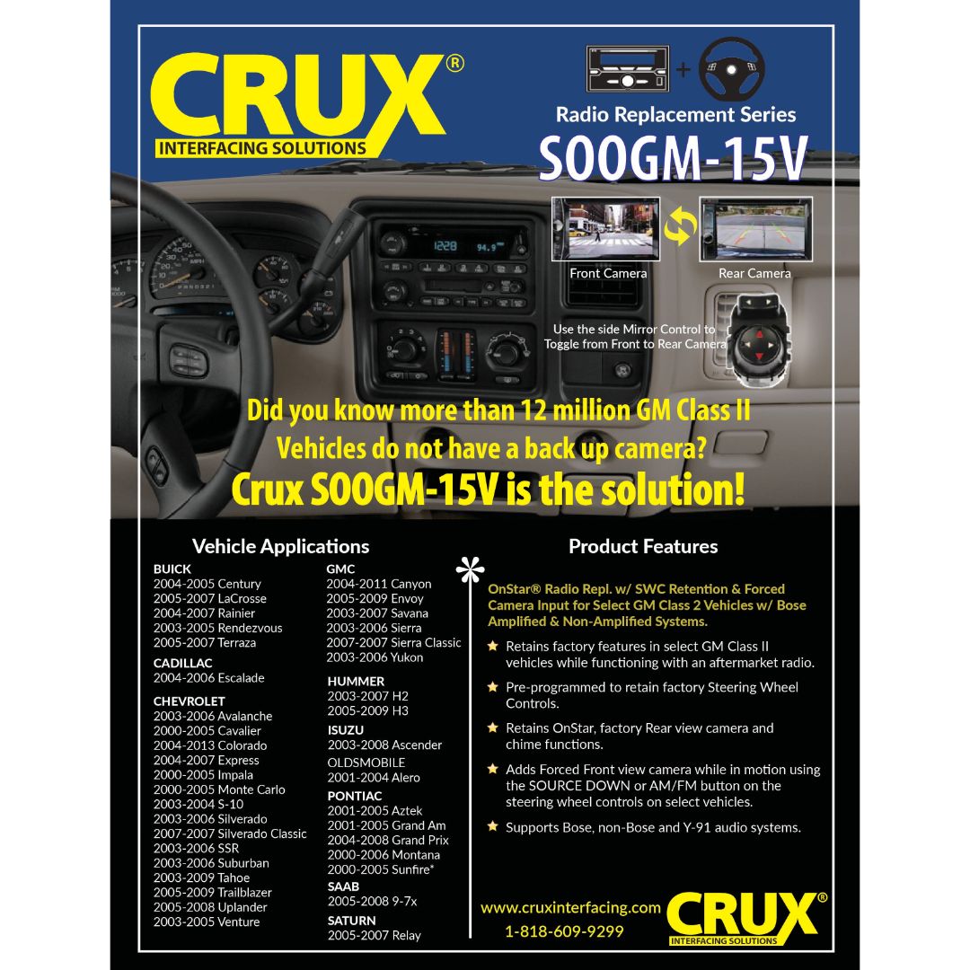 Crux SOOGM 15V OnStar Radio Replacement Interface for GM Class II Vehicles with Steering Wheel Control & Video Switcher - Upgrade Your Car Audio System for Seamless Navigation and Entertainment