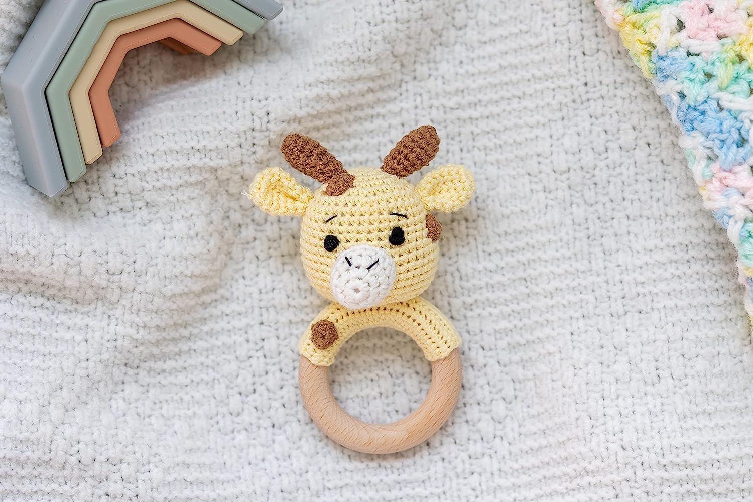 Personalized Crochet Giraffe Baby Rattle with Wooden Teether Ring - Custom Name Engraved | Gender Neutral Newborn Gift for Baby Boy or Girl | Perfect Baby Shower Present with Free Gift Bag | Great for Nursery Decor, First Birthday, and Memory Keepsakes