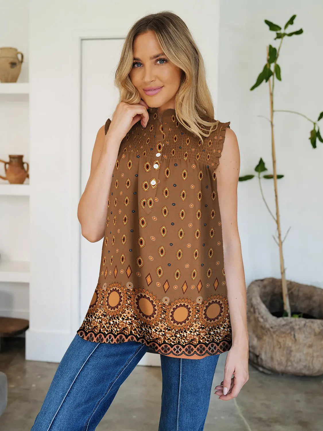 Frill Printed Mock Neck Top for Women - Stylish Blouse for Casual Wear, Office & Date Night | Trendy Floral Design & Comfortable Fit
