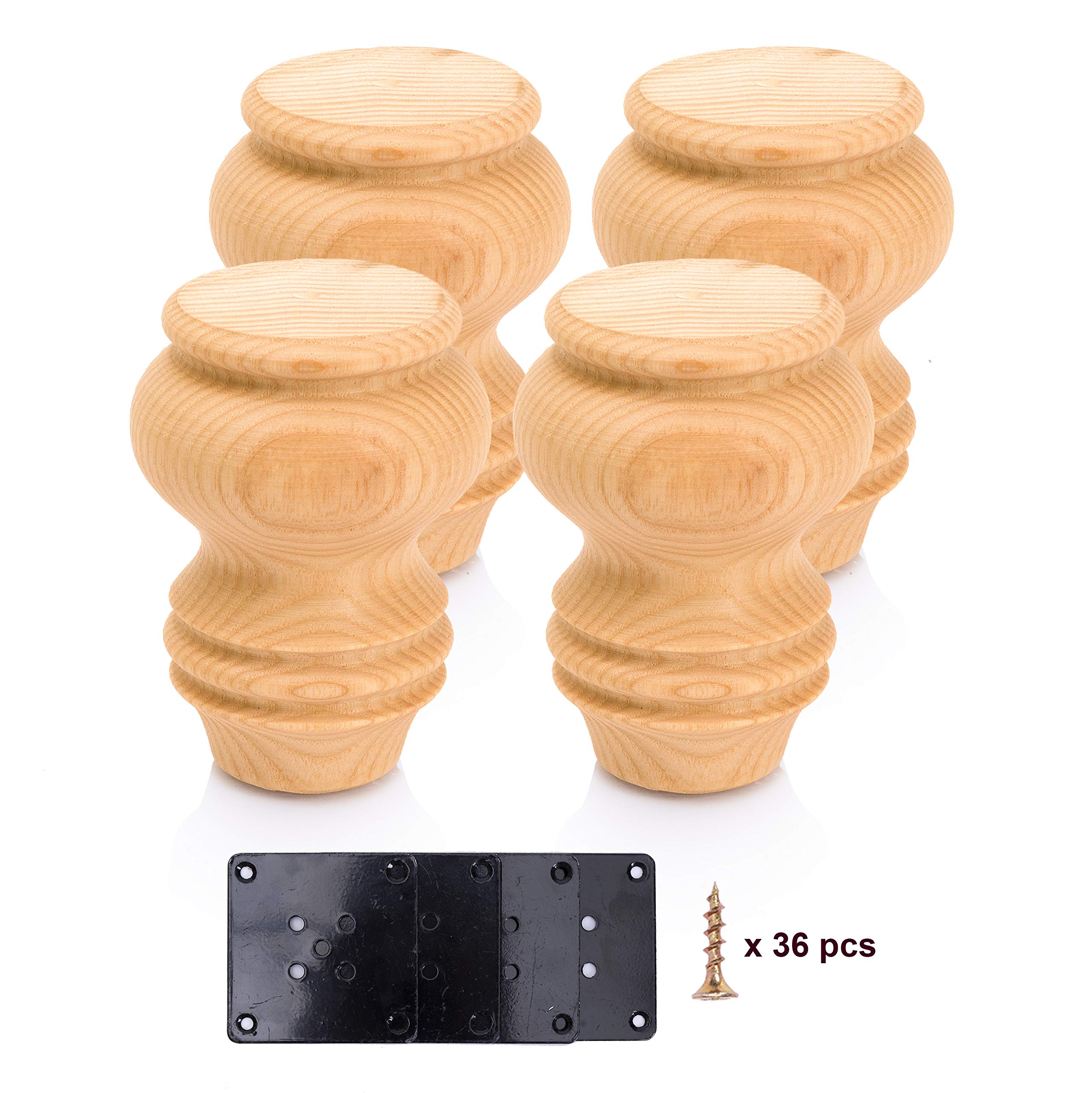 Decorluxes Set of 4 Wooden Furniture Legs - 3 Inch Gold & Natural Wood Bun Feet with Mounting Plates for Kallax Shelf, Coffee Table, Dresser & Side Tables | Perfect for Living Room, Bedroom & Home Office Decor