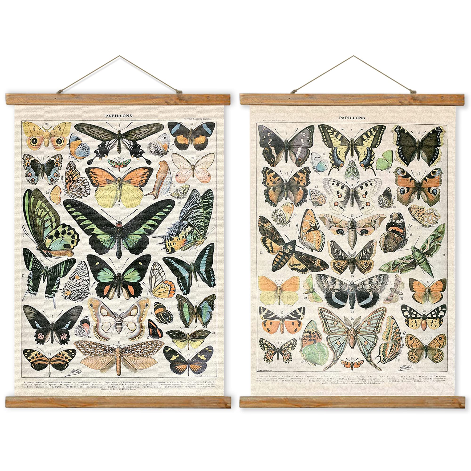 Vintage Butterfly Wall Art Prints - 2 Pack Small Retro Posters with Wood Frame, Handcrafted Linen Hangers - Perfect for Bedroom, Living Room & Office Decor