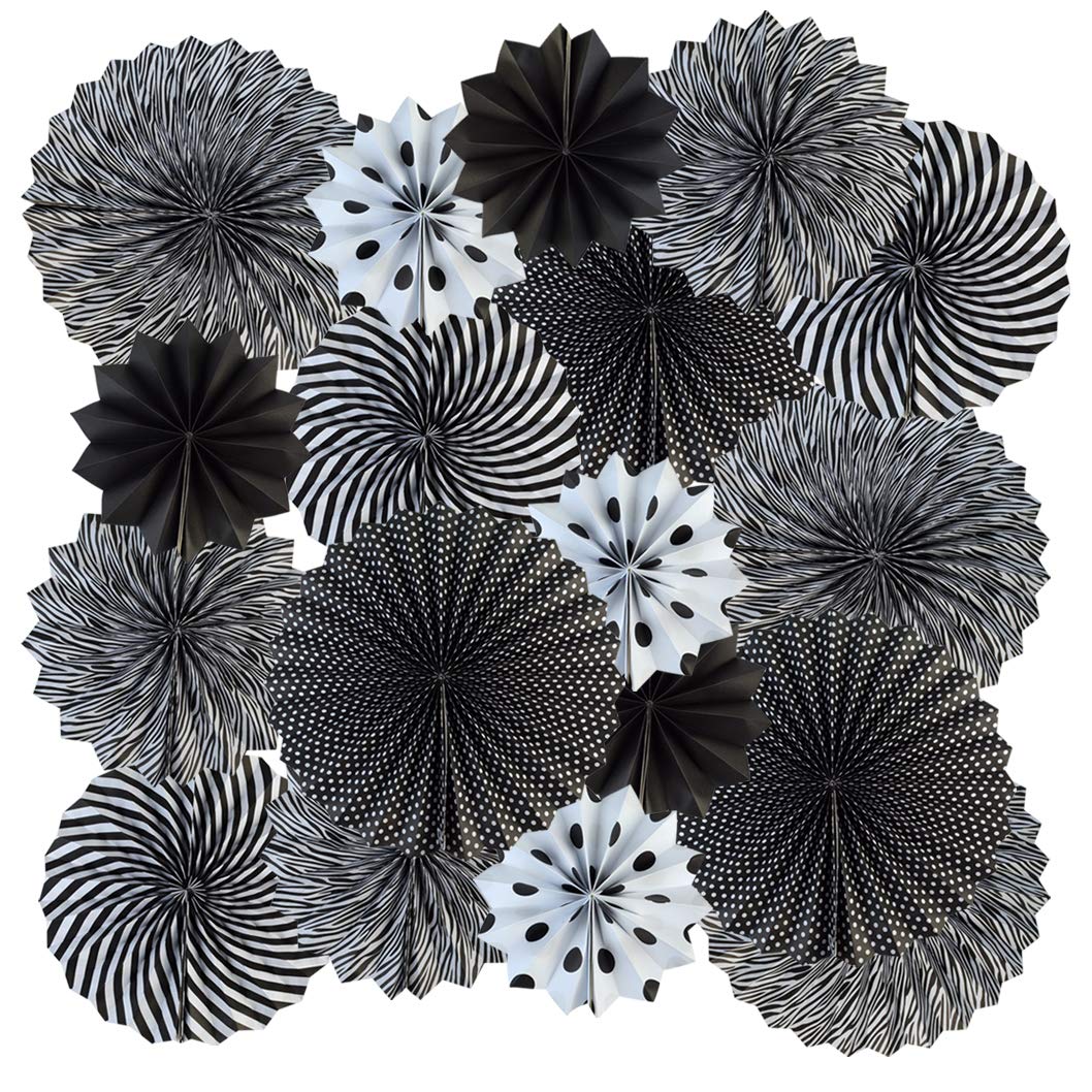 18-Piece Black and White Round Paper Fan Garland Set - Decorative Folding Hanging Fans for Halloween, Birthday, Wedding & Graduation Party Decorations | Perfect for Indoor/Outdoor Events, Home Decor & Photo Backdrops