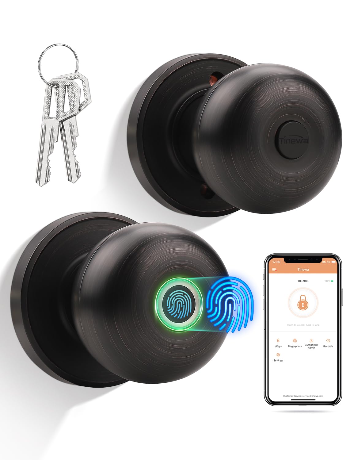 Smart Fingerprint Door Knob Lock - Biometric Keyless Entry with App Control, Oil Rubbed Bronze - Perfect for Home Security in Bedrooms, Offices, Apartments & Hotels
