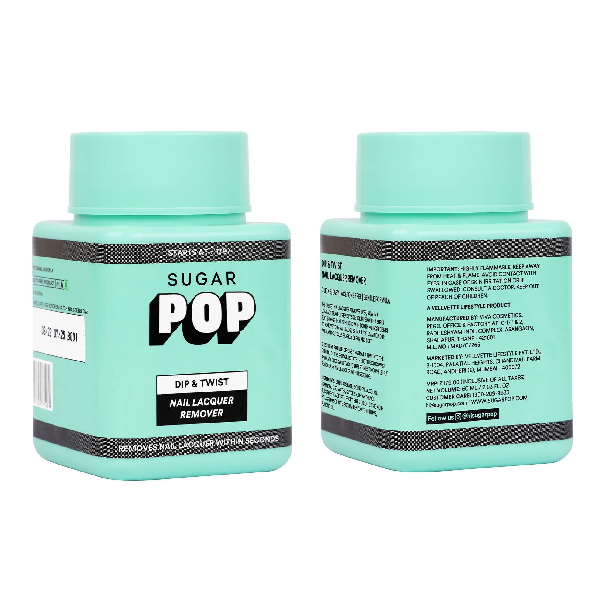 SUGAR POP Dip & Twist Nail Polish Remover with Vitamin E, Almond Oil & Jojoba Oil | Acetone-Free Formula | Gentle on Nails | Prevents Cracking & Peeling | 60ml | Perfect for At-Home Manicures & Nail Care