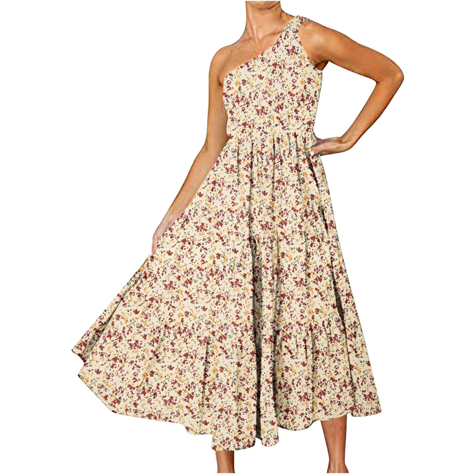2024 Women's One Shoulder Sleeveless Midi Dress - Flowy High Waist Summer Beach Dress with Ruffle Detail (Solid/Print) | Perfect for Vacations, Date Nights & Pool Parties