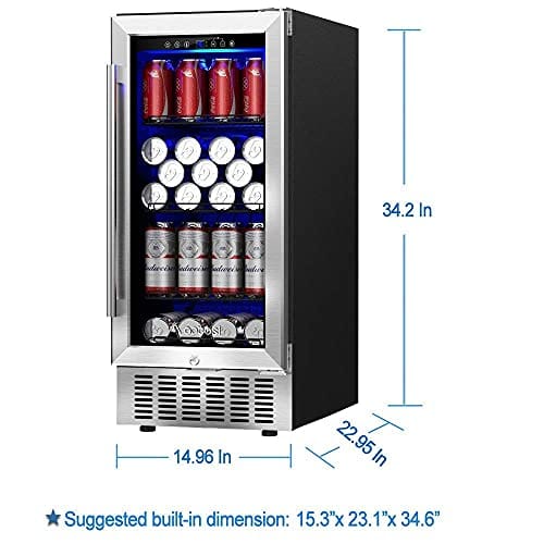 AAOBOSI 15 Inch Built-In Beverage Refrigerator - 100 Can Capacity, Quiet Compressor Cooling System, Energy Efficient, Adjustable Shelves - Perfect for Beer, Soda, Wine & Water Storage - Ideal for Home Bars, Offices, Restaurants and Parties