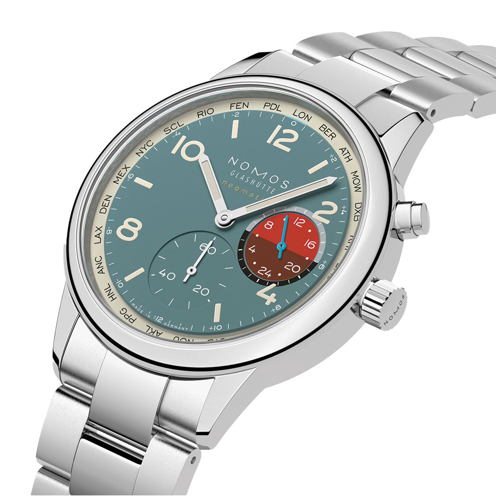 NOMOS Club Sport Neomatik Worldtimer Limited Edition 40mm Watch with Glacier Blue Dial & Stainless Steel Bracelet - Perfect for Travelers & Luxury Watch Collectors