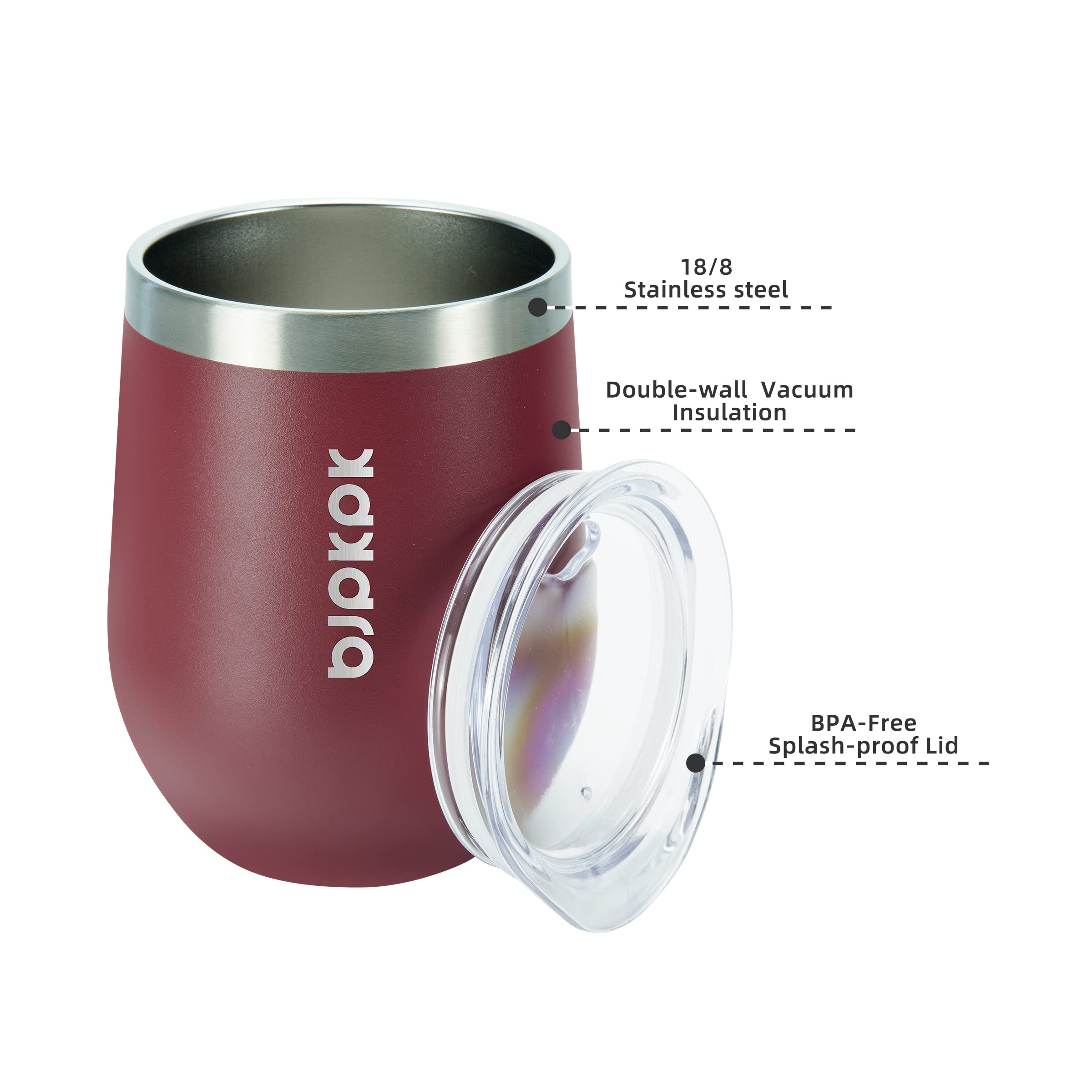 BJPKPK 2-Pack 12oz Insulated Stainless Steel Wine Tumblers with Lid - Double Wall Vacuum Coffee Mugs, Unbreakable Wine Glasses for Hot & Cold Drinks - Perfect for Home, Office, Camping & Travel (Brick Red)