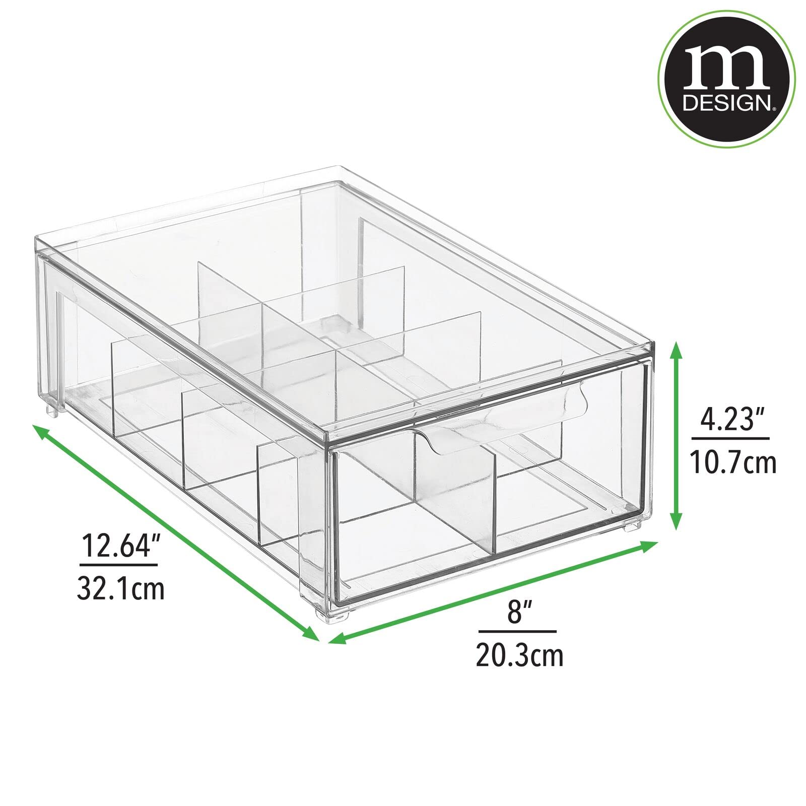 mDesign Plastic Kitchen and Pantry Organizer with Divided Drawer - Stackable 8-Section Bin for Tea, Snacks, Spices - Perfect for Cabinet, Fridge, Countertop Storage - Clear Lumiere Collection (4-Pack) - Ideal for Small Space Organization & Kitchen Decluttering