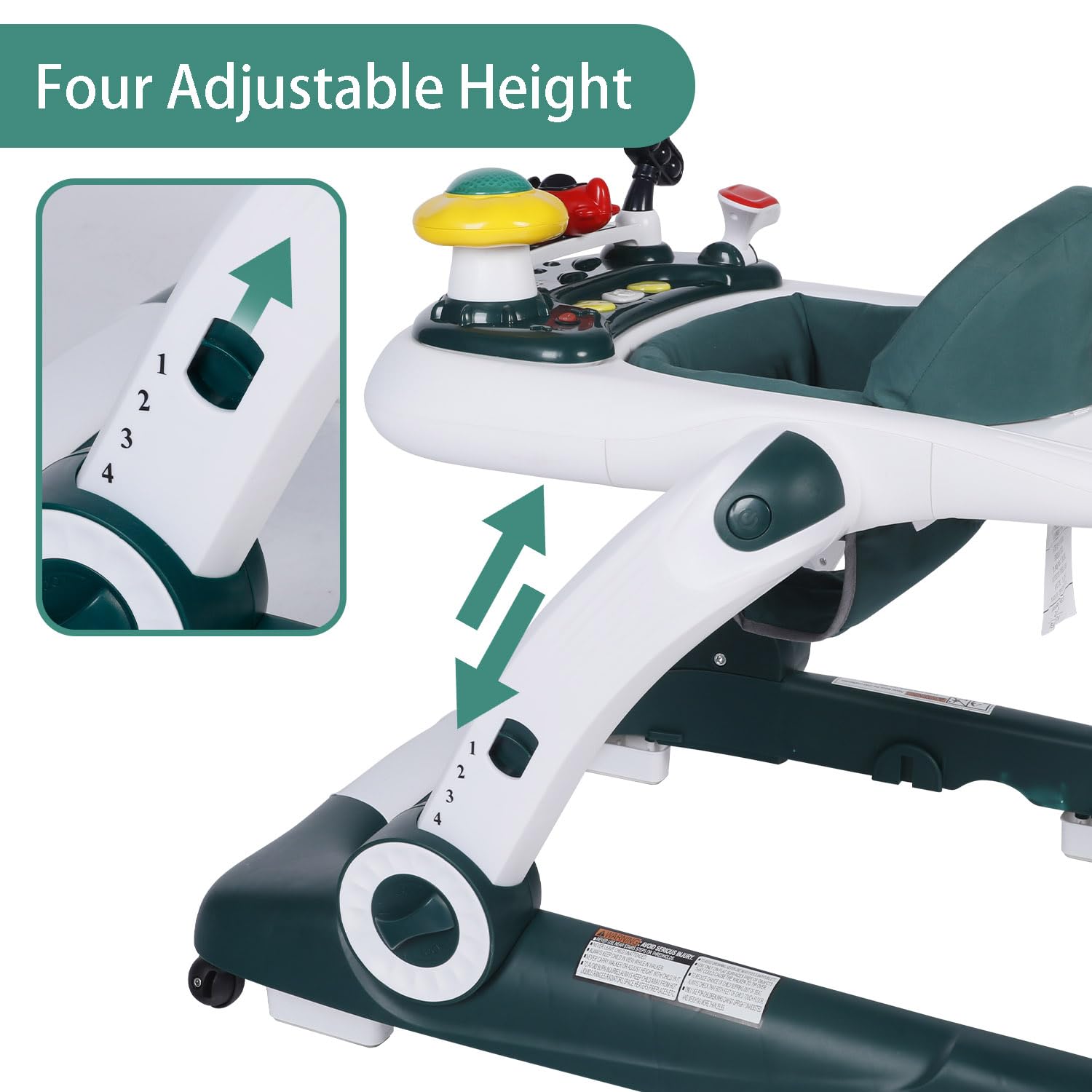 Kinder King 5-in-1 Baby Walker with Music & Lights - Adjustable Height Activity Walker for Toddlers, Anti-Rollover Safety Bumper, Learning-Seated & Walk-Behind Modes - Perfect for Indoor Play & Early Walking Development (Green)