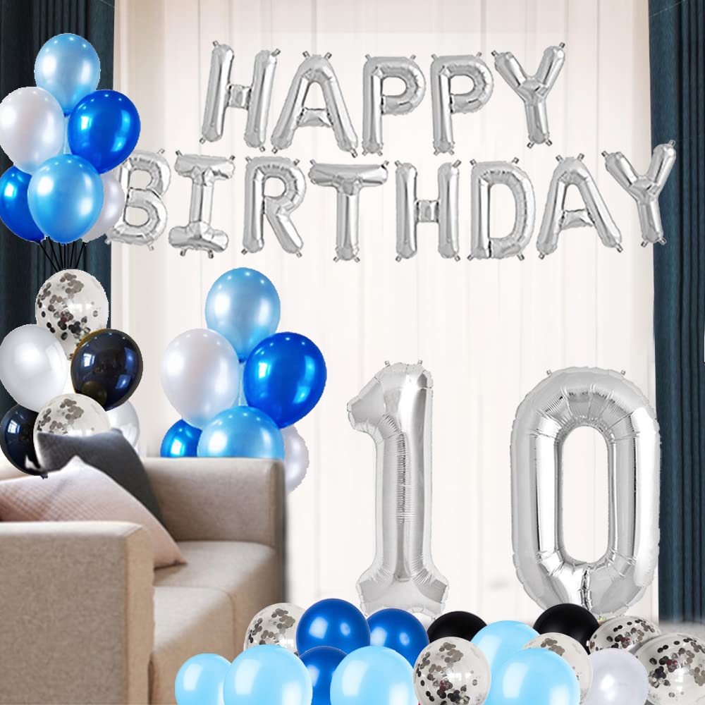 10th Birthday Party Decorations Set - 47pcs Foil Happy Birthday Banner, Number 10 & Star Balloons, Latex Balloons in Silver & Blue | Perfect for Kids Birthday Decor, Milestone Celebrations & Photo Backdrops