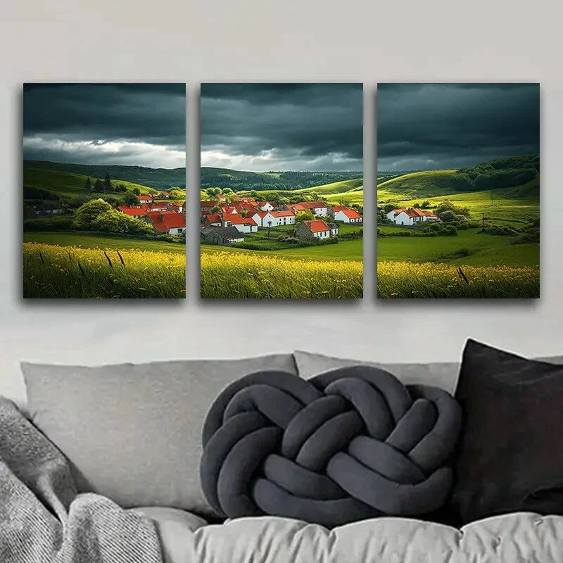 3-Piece Metal Wall Art Print - Charming Little Village with Red Roofs, Ready to Hang | Perfect for Living Room, Bedroom & Office Decor