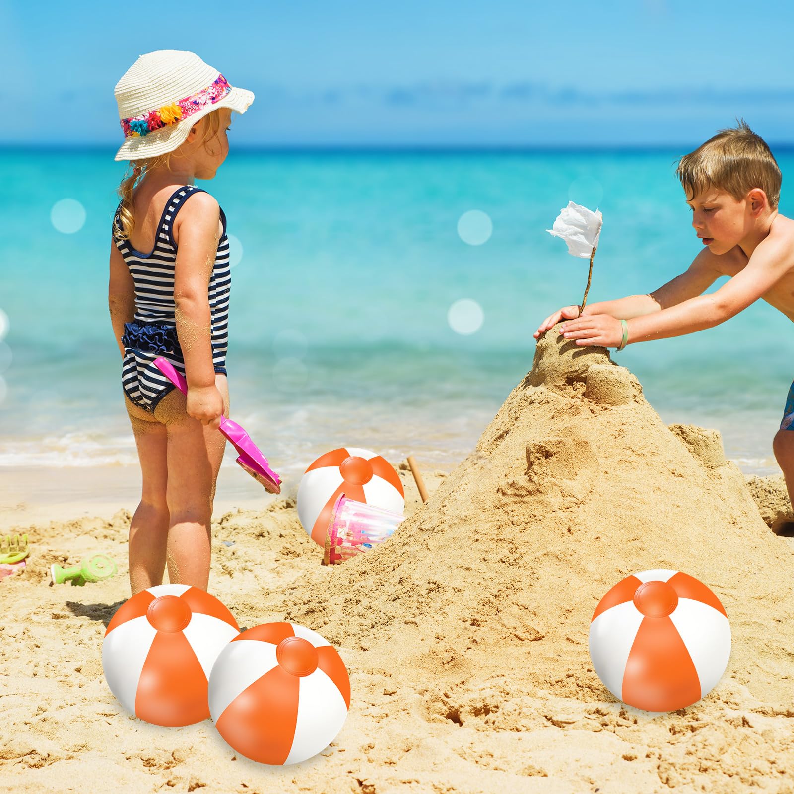 Whaline 16Pcs 16-Inch Orange & White Inflatable Beach Balls - PVC Pool Toys for Summer, Hawaiian Tropical Theme Party Decor, Water & Sand Games - Perfect for Beach Parties, Pool Fun, and Outdoor Activities
