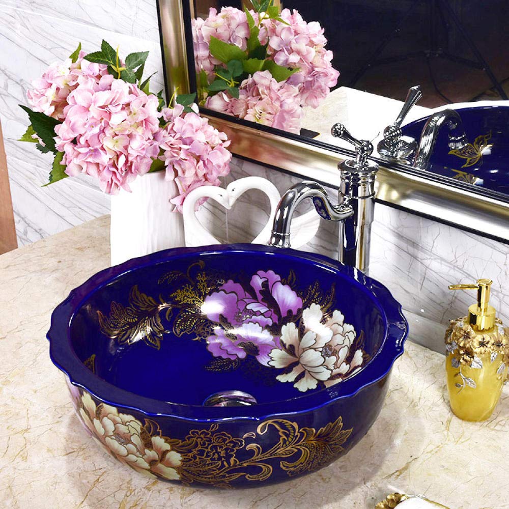 Vintage Blue Ceramic Vessel Sink - Handmade Countertop Bathroom Basin for Modern & Rustic Decor | Perfect for Powder Rooms, Guest Baths & Farmhouse Style Homes