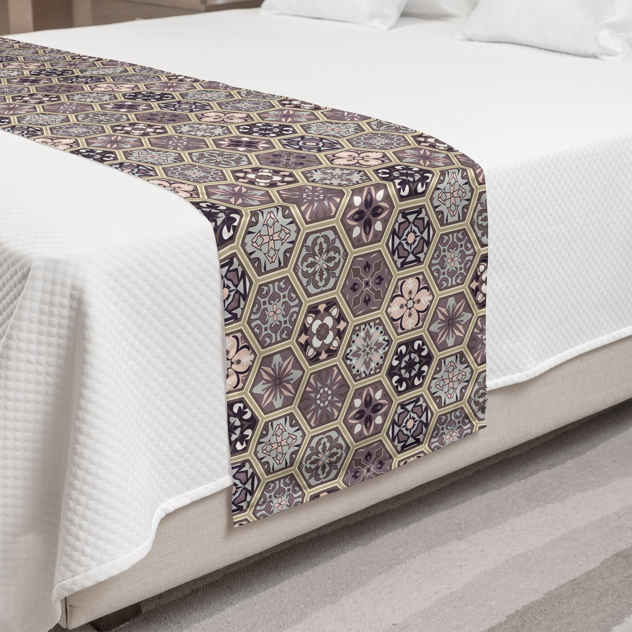 Ambesonne Antique Oriental Bed Runner with Honeycomb Flower Frames - Decorative Bed Scarf for Hotels, Homes & Guest Rooms in Pale Tan, Dark Taupe & Grey | Perfect for Bedroom Decor, Sofa Throw or Wedding Gift