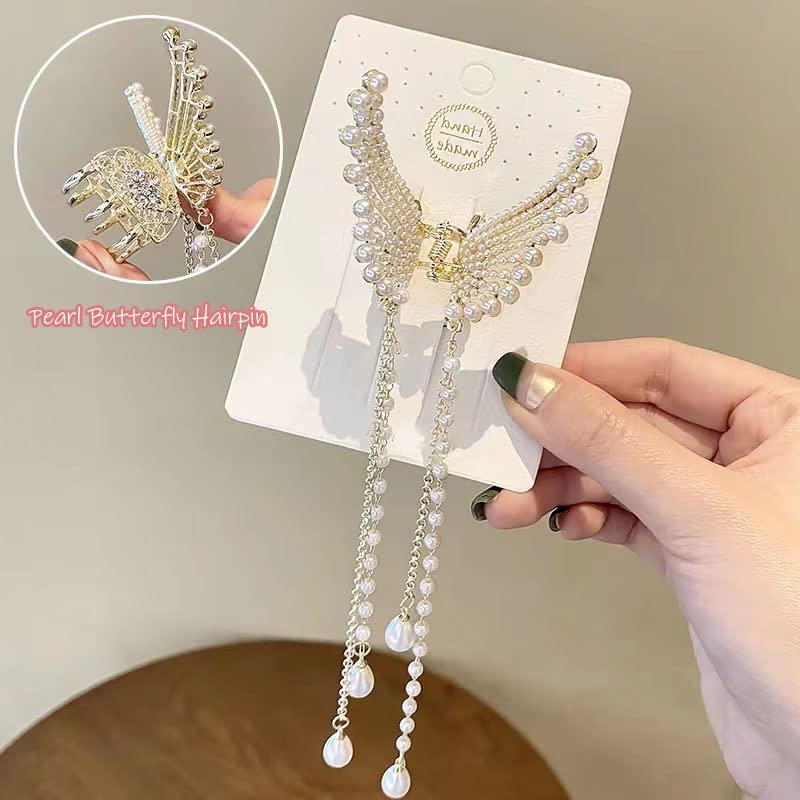 BAKEFY Pearl Hair Clips for Women - Elegant Stone Hair Accessories, Wedding Butterfly Claw Clips, Metal Hair Clutchers (1 Piece) - Perfect for Bridal, Parties & Everyday Styling