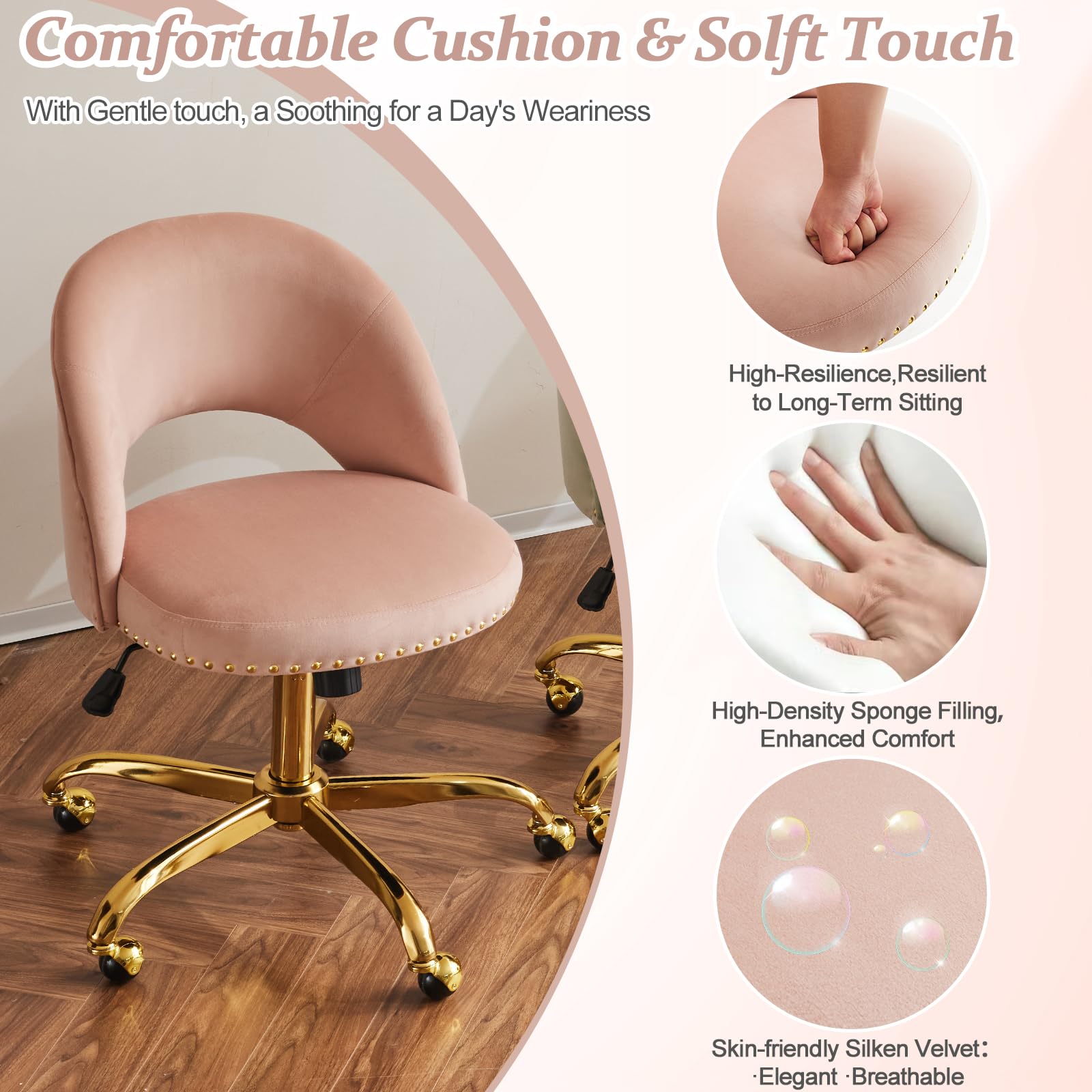 VINGLI Modern Velvet Small Office Chair with Wheels - Gold Base & Studs, Comfortable Armless Swivel Task Chair for Women, Girls & Kids - Perfect for Study, Dorm, Bedroom & Small Spaces (Pink) | Ideal for Home Office, Vanity Desk & Nail Technician Workstation
