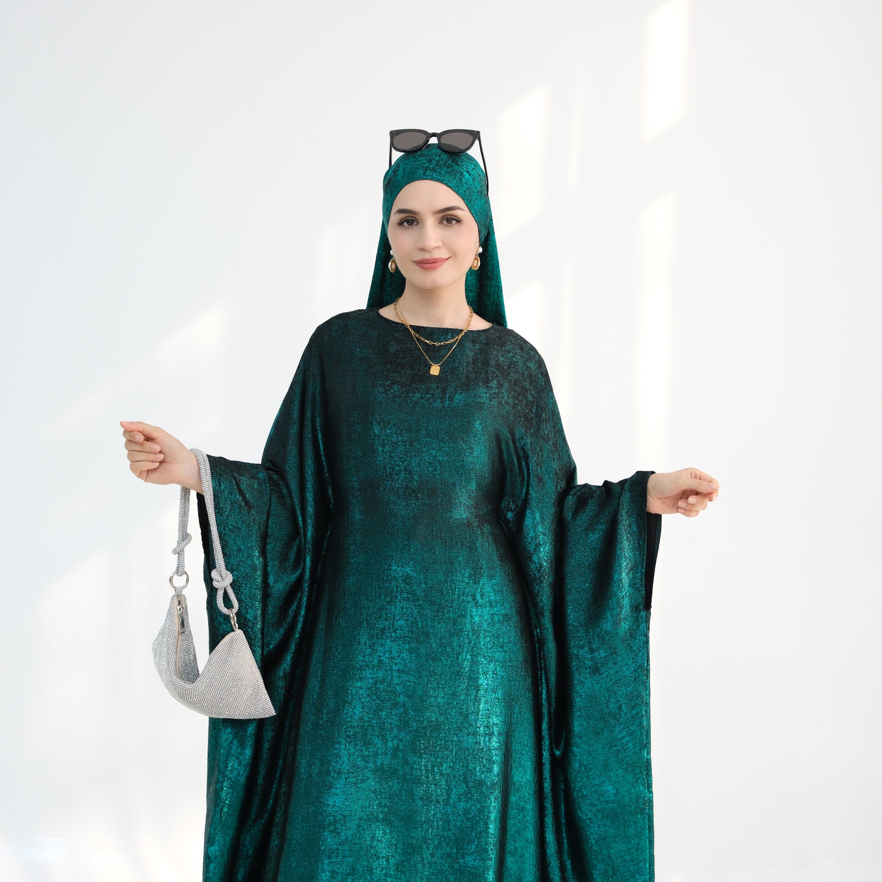 Linora Shimmer Butterfly Abaya - Elegant Green Islamic Dress for Women | Perfect for Eid, Ramadan, and Special Occasions