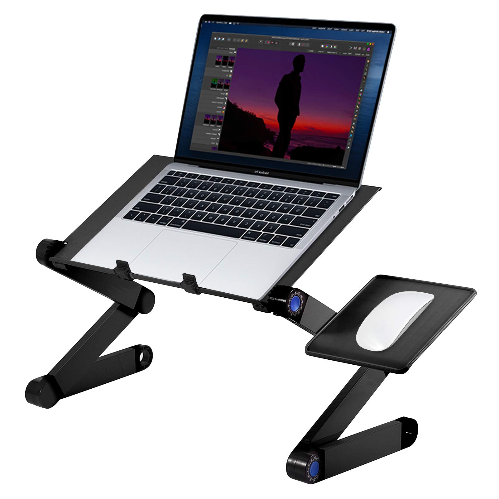 Portable Adjustable Laptop Stand with Cooling Fans & Mouse Pad - Ergonomic Aluminum Laptop Riser for Home Office, Bed, or Travel (Black) - Perfect for Work, Gaming, and Comfortable Computing Anywhere