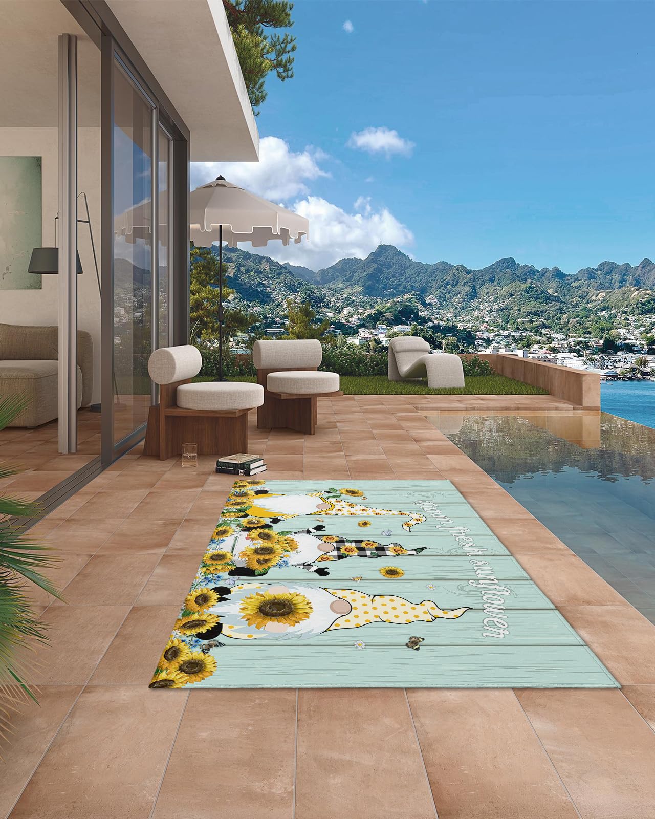 6x9 Feet Waterproof Outdoor Rug - Durable Plastic Straw Carpet for Patio, RV, Trailer, Beach Camping, Backyard & Deck - Sunflower Gnome Design - Perfect for Outdoor Gatherings & Picnics