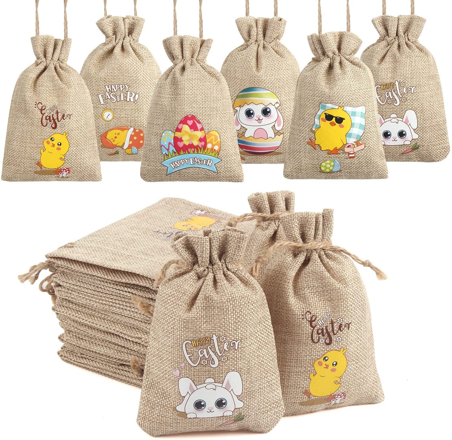 LOKIPA 24 Pcs Easter Burlap Bags with Drawstrings - Small Jute Favor Bags for Easter Party Favors, Egg Hunt Treats & Spring Wedding Decorations