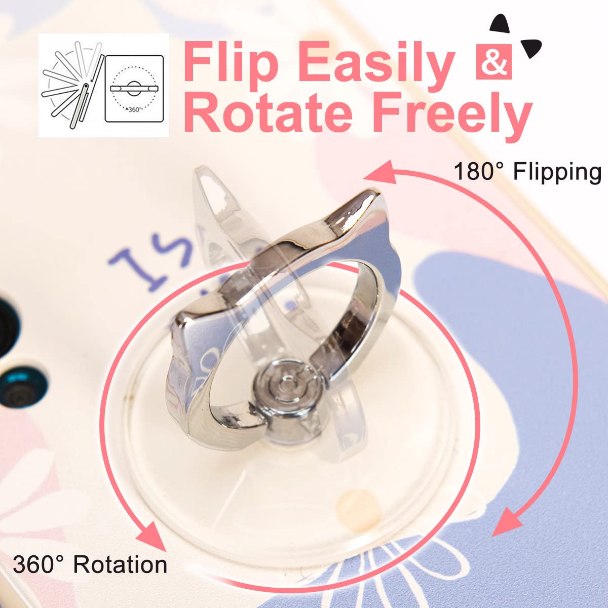 Cat Phone Ring Holder - EI Sonador Clear Transparent Cell Phone Stand with Finger Grip (2 Silver Cats) for iPhone, Samsung & Smartphones - Perfect for Watching Videos, Taking Selfies & Secure Grip