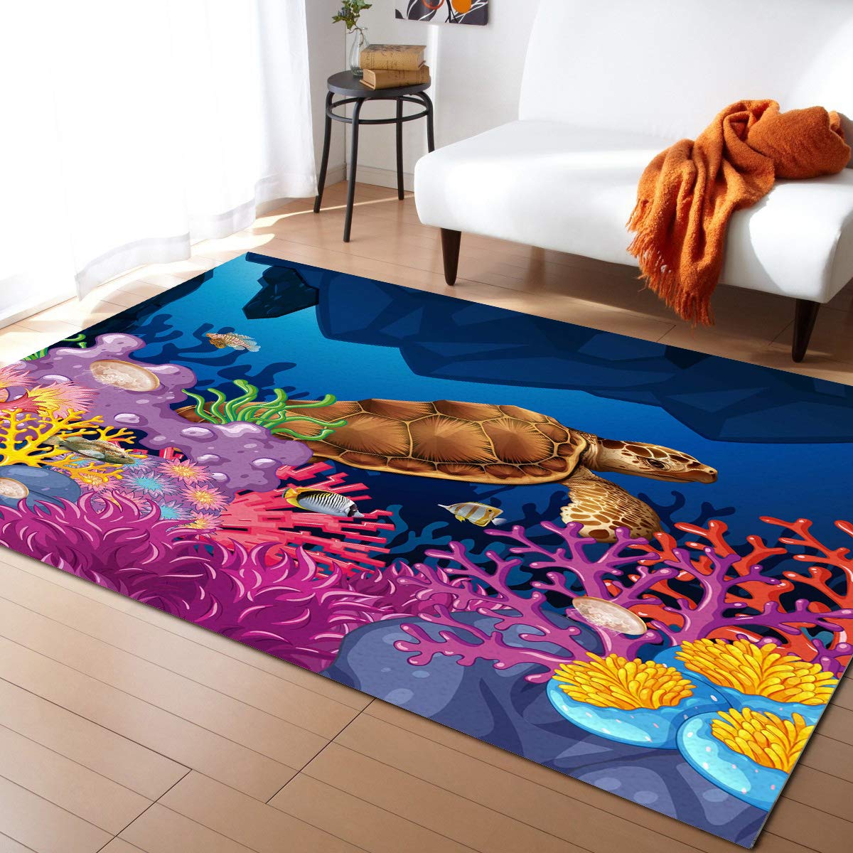 **Soft Modern Area Rug for Kids Bedroom, Nursery, Living Room - Ocean Animal Sea Turtle Underwater World Design - Non-Slip Floor Carpet for Home Decor (Boys & Girls Room, Playroom, Dorm)**    *Perfect for adding a playful touch to children's spaces, cozy nursery accents, or stylish living room decor.*