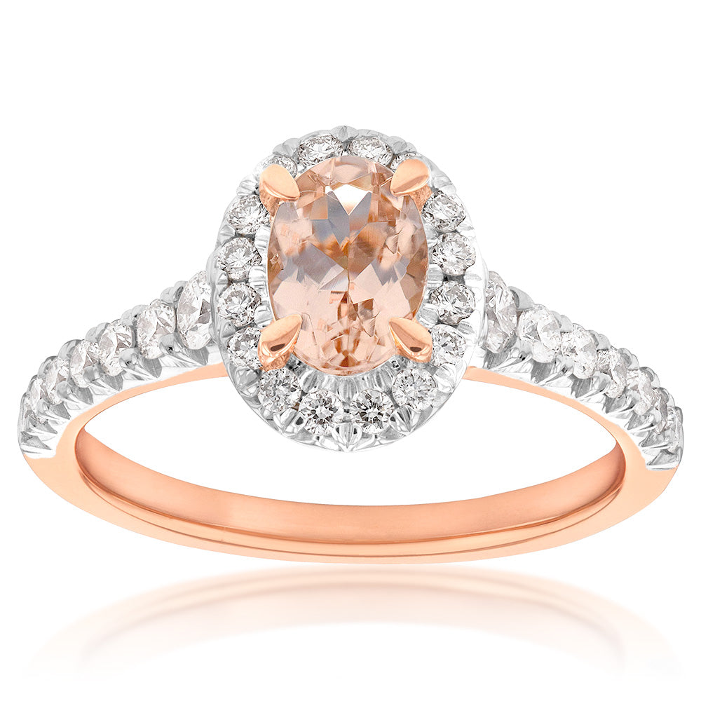 9ct Rose Gold Morganite and Diamond Oval Halo Ring - Elegant Engagement & Wedding Jewelry for Women - Perfect for Proposals, Anniversaries & Special Occasions