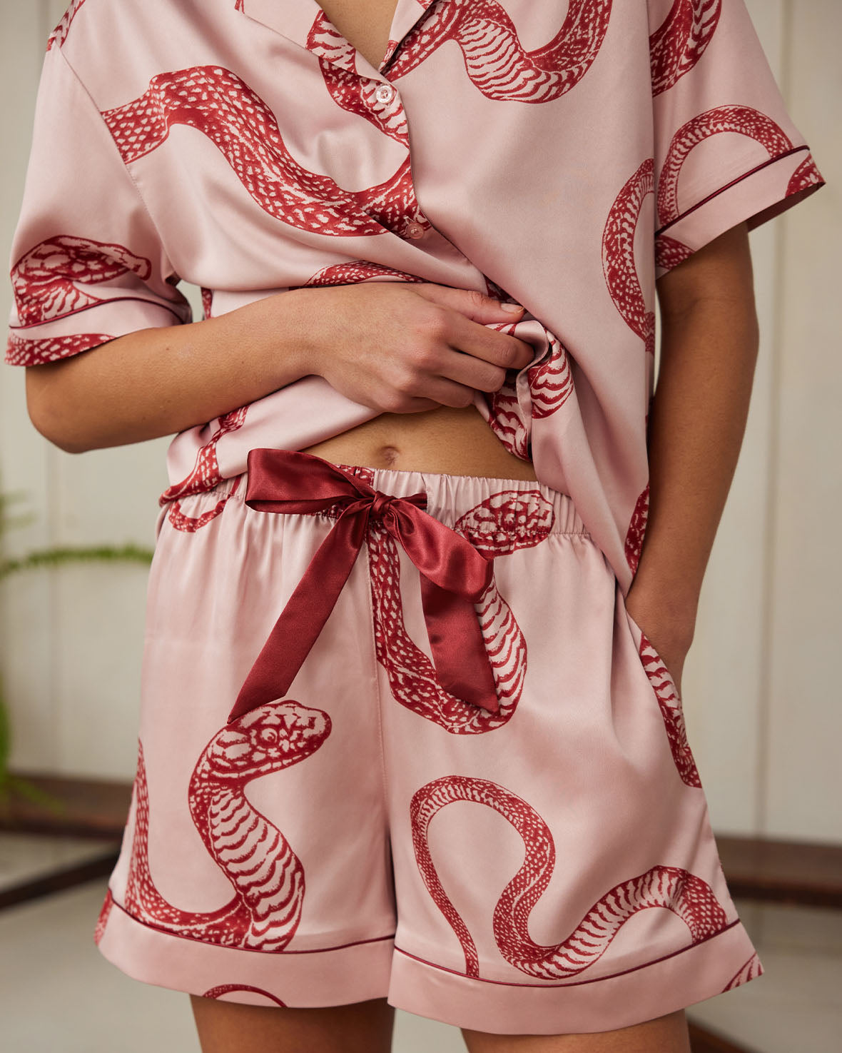 Women's Satin Snake Print Short Pajama Set - Soft & Comfortable Sleepwear for Summer Nights - Perfect for Lounging, Travel & Relaxation at Home