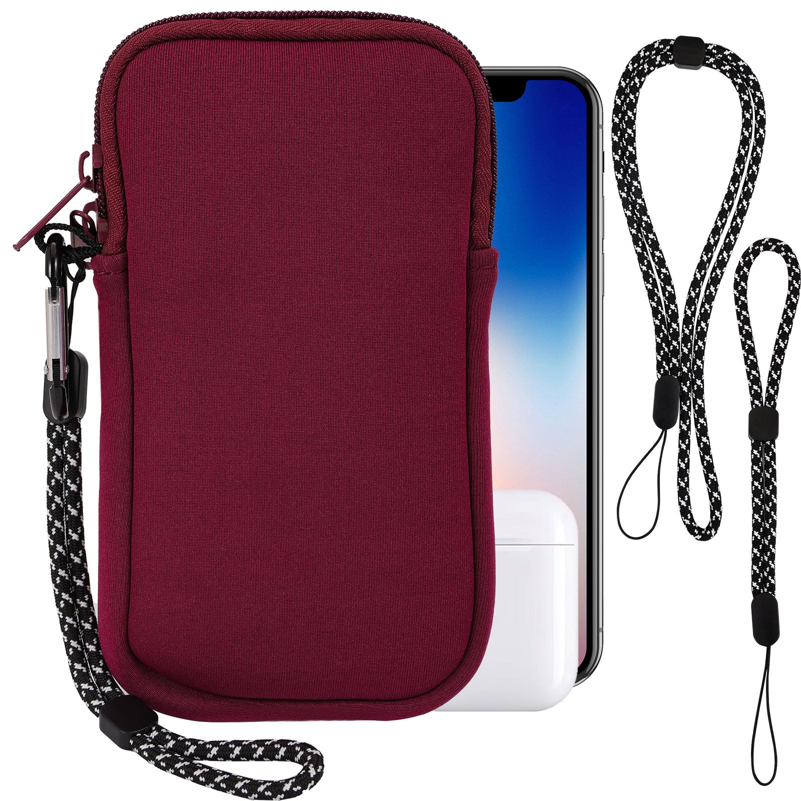 Universal Shockproof Neoprene Phone Pouch with Carabiner & Lanyard - Durable Phone Sleeve Case for iPhone, Samsung & Smartphones up to 7 Inches (Wine Red) - Perfect for Hiking, Travel, Outdoor Adventures & Daily Commute
