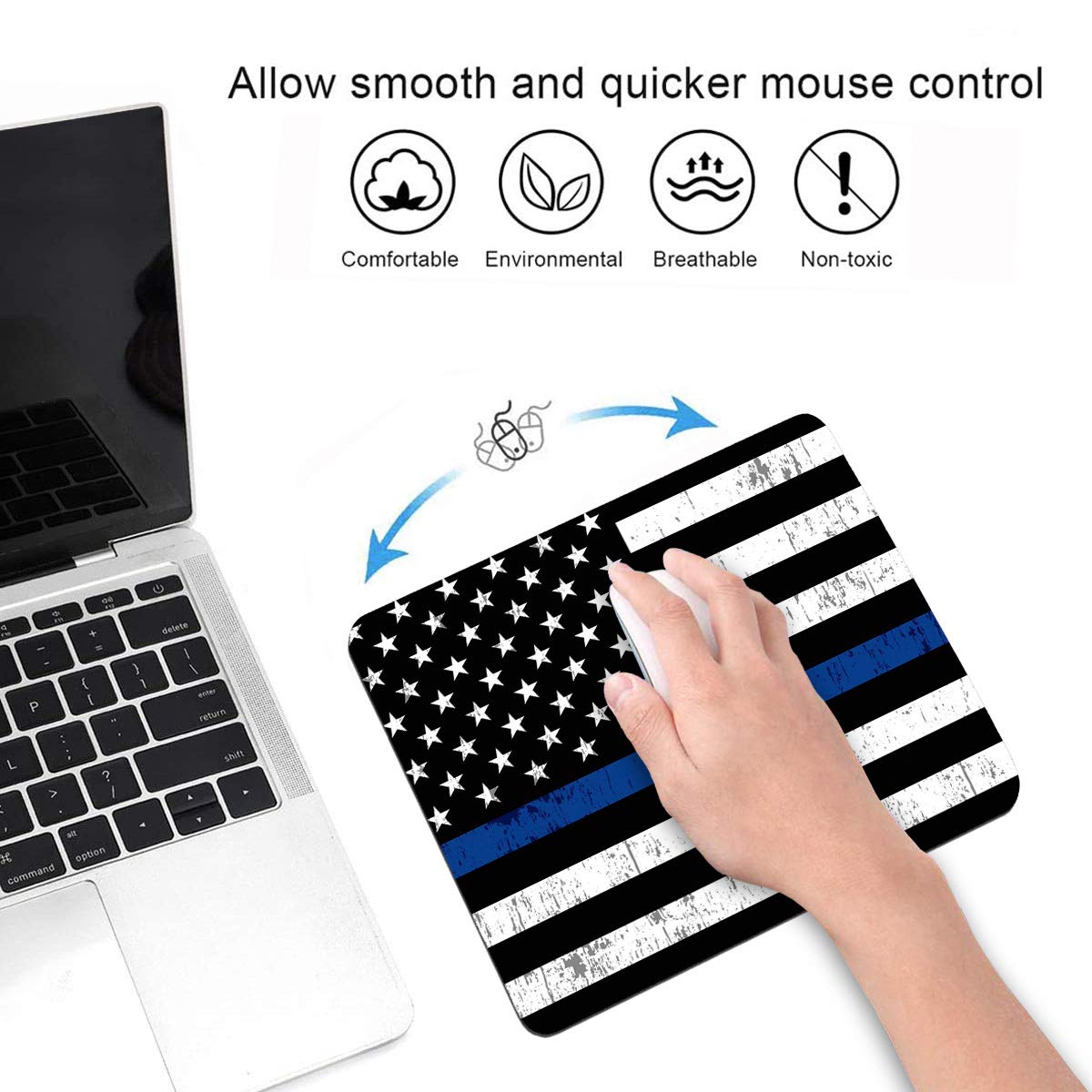 Thin Blue Line American Flag Mouse Pad & Coasters Set - Non-Slip Rubber Base Rectangle Mouse Pad for Laptop, Computer & Office Use - Perfect for Police Supporters, Patriotic Gifts & Home Office Accessories