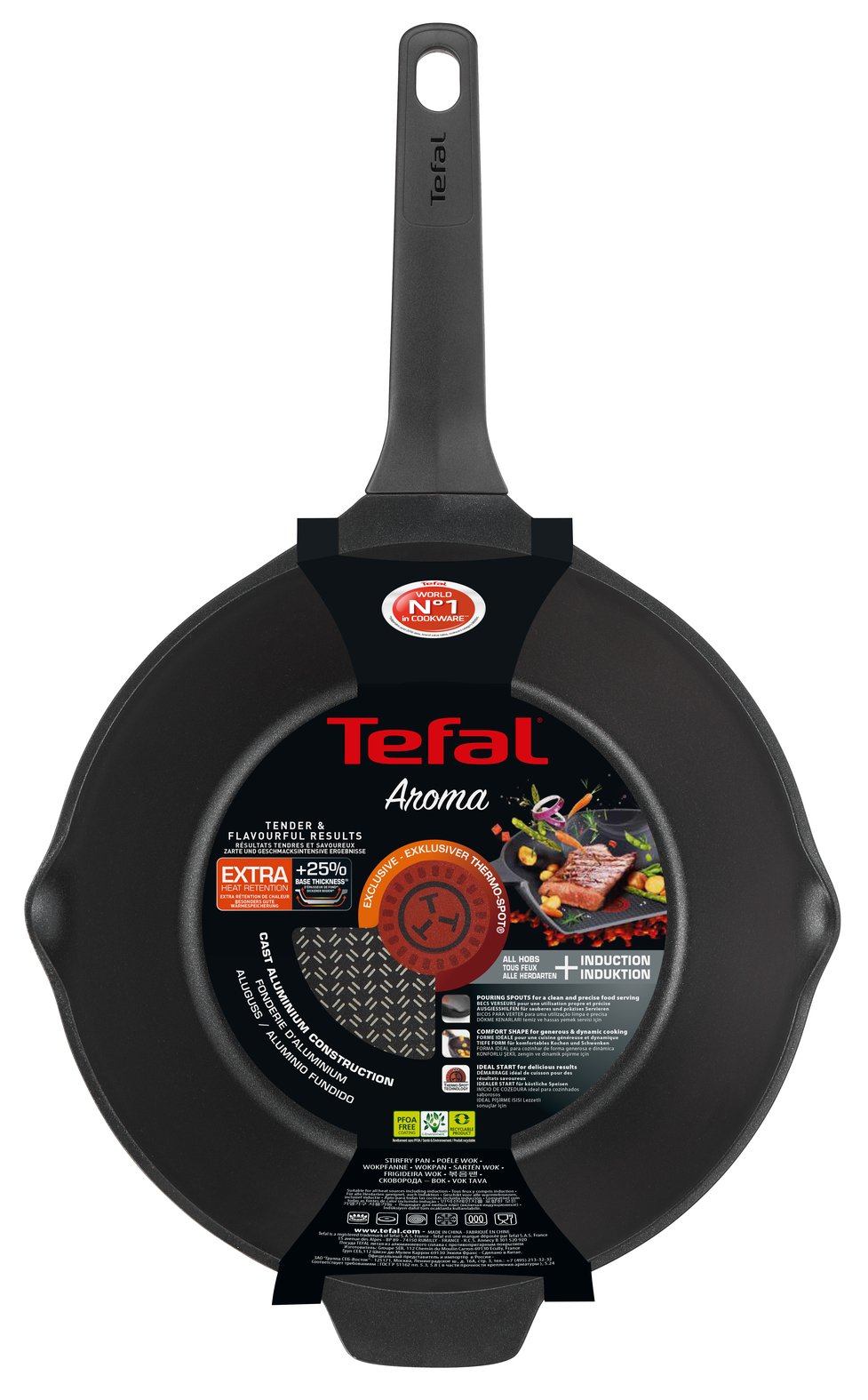 Tefal Aroma 28cm Cast Aluminum Black Non-Stick Wok Pan - Induction Compatible, Gas & Electric Stove Safe - Perfect for Stir-Fry, Sautéing & Asian Cooking