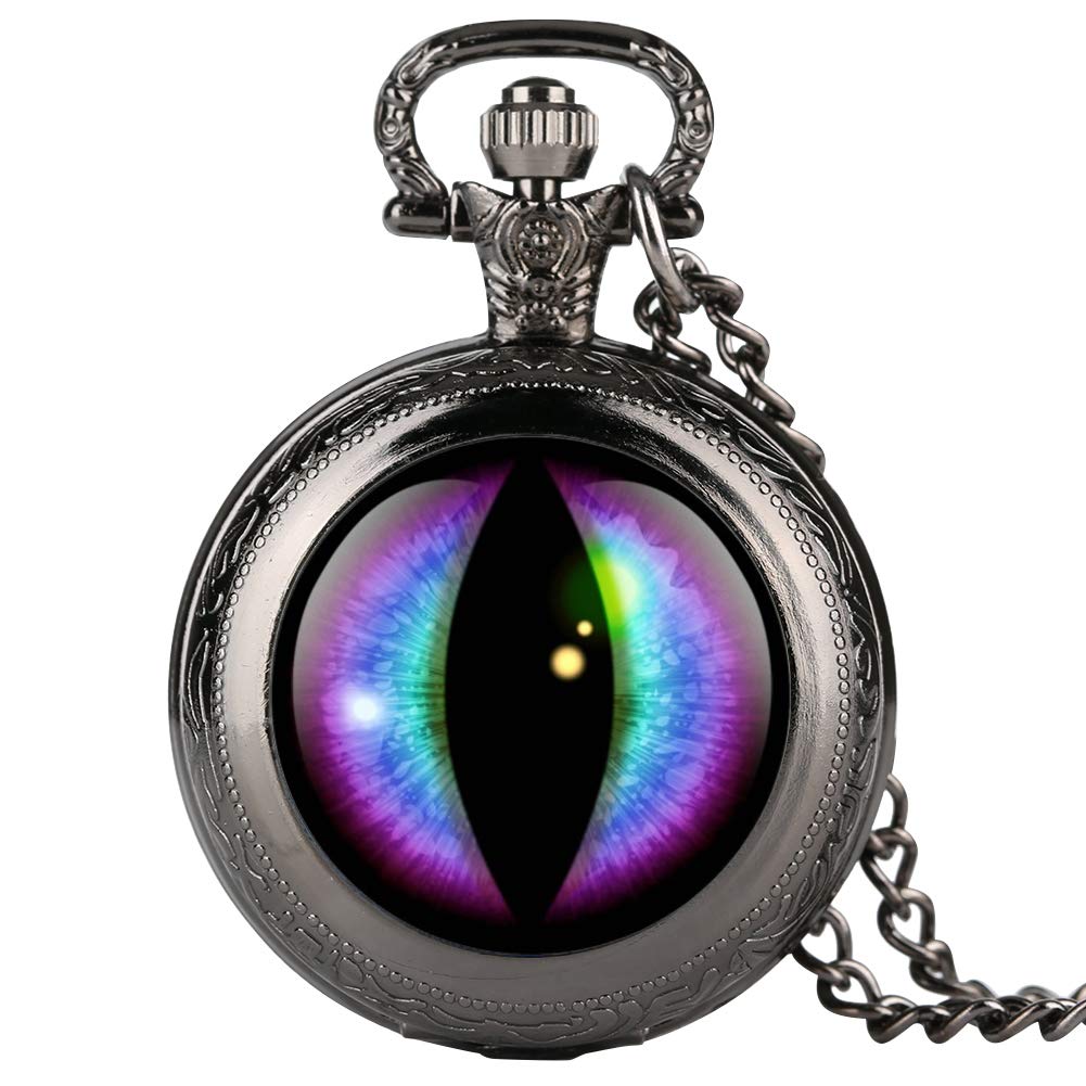 Stylish Black Chain Pocket Watch with Purple Vertical Pupil Design - Arabic Digital Display for Men & Teen Boys | Perfect for Formal Events, Vintage Outfits & Gift Giving